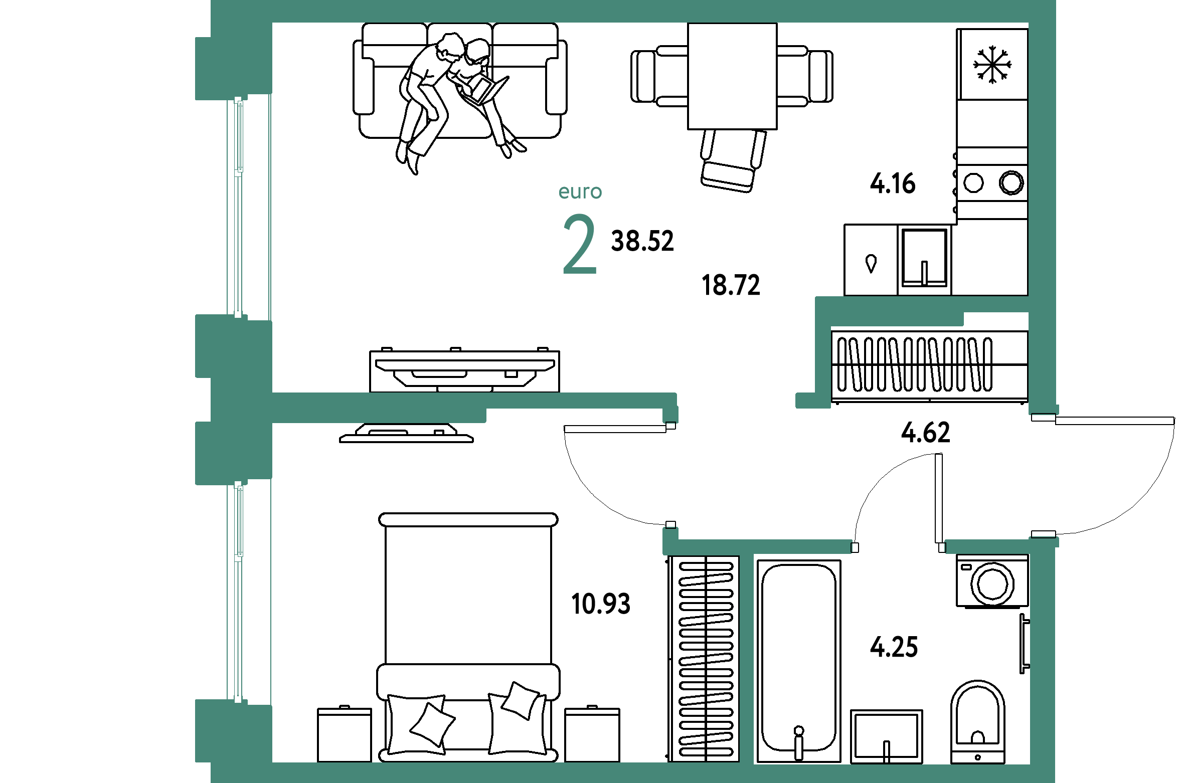 ЖК "Европейский берег 2.0"-2-комнатная 38.52 м²