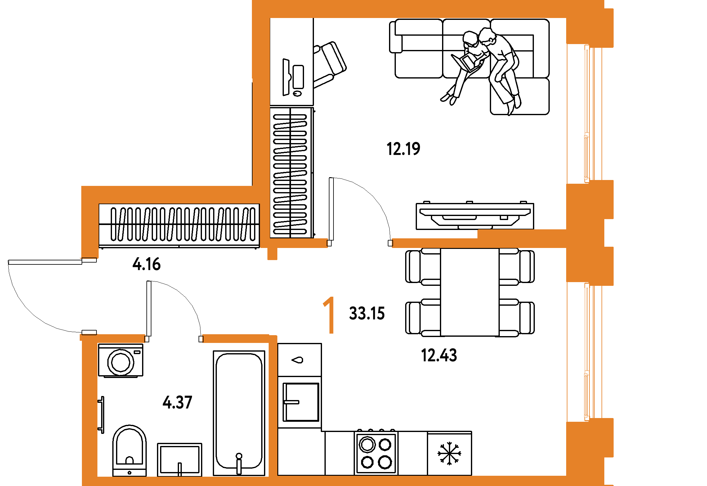 ЖК "Европейский берег 2.0"-1-комнатная 33.15 м²