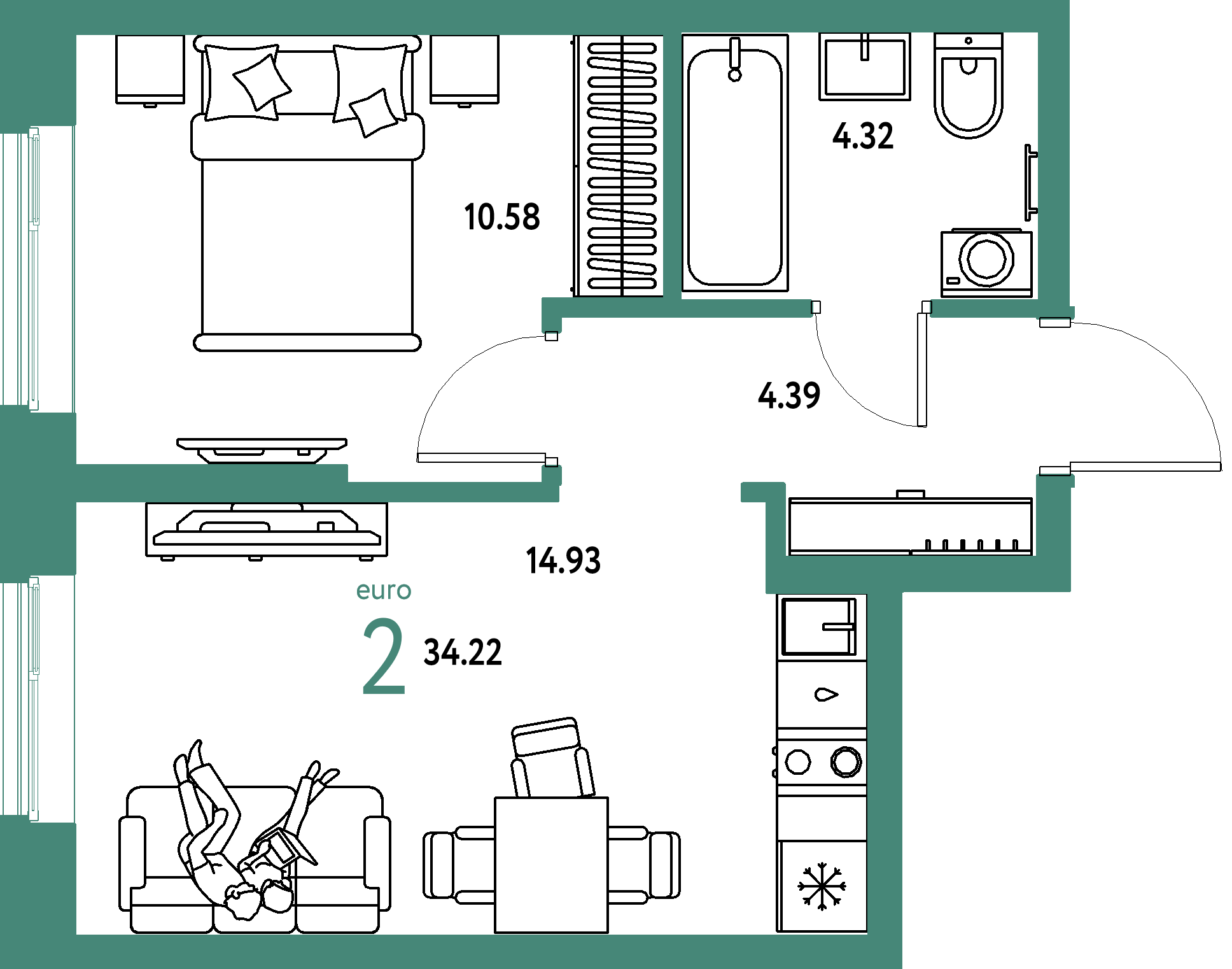 ЖК "Европейский берег 2.0"-2-комнатная 34.22 м²