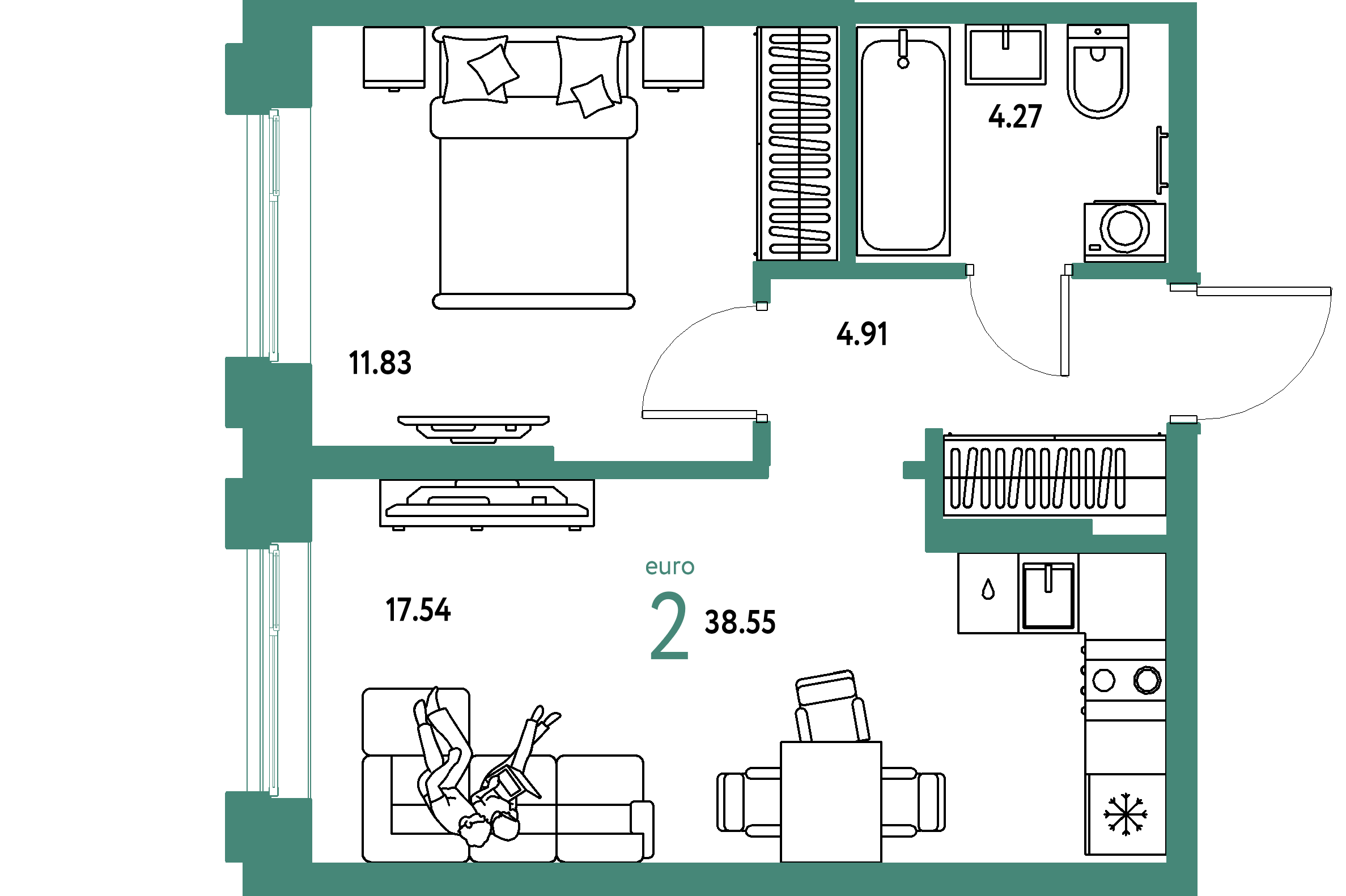 ЖК "Европейский берег 2.0"-2-комнатная 38.55 м²