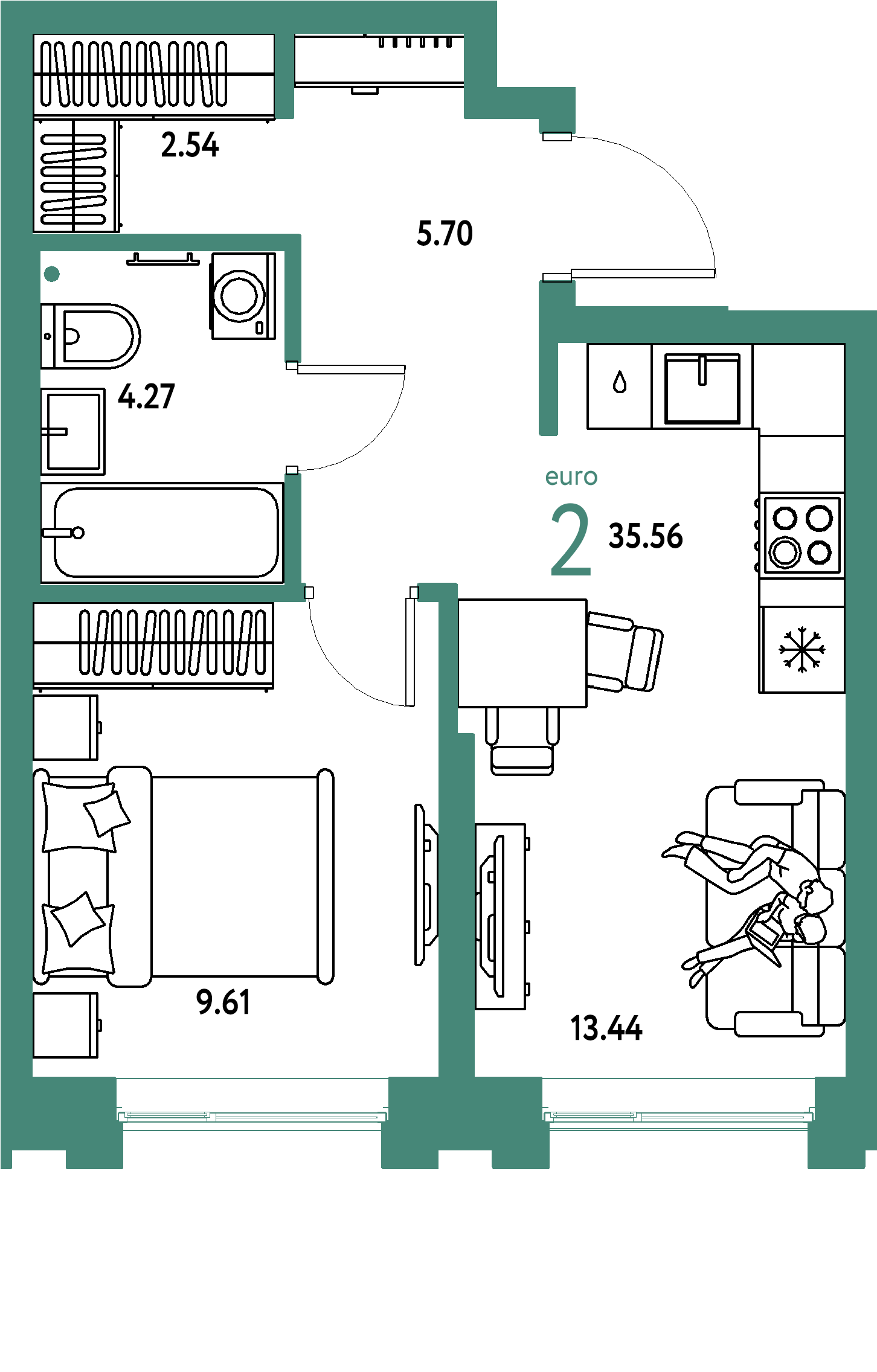ЖК "Европейский берег 2.0"-2-комнатная 35.56 м²