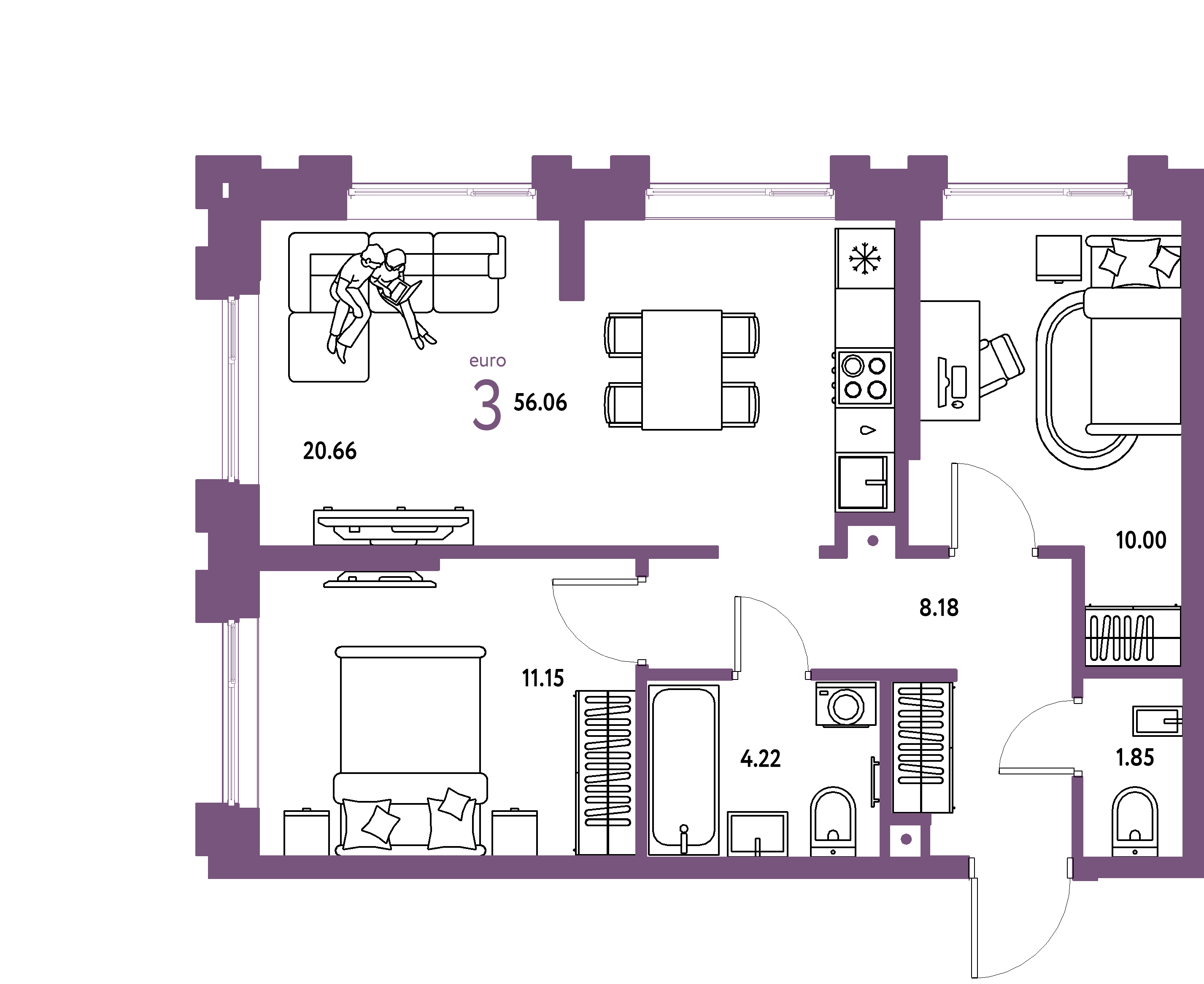 ЖК "Европейский берег 2.0"-3-комнатная 56.06 м²