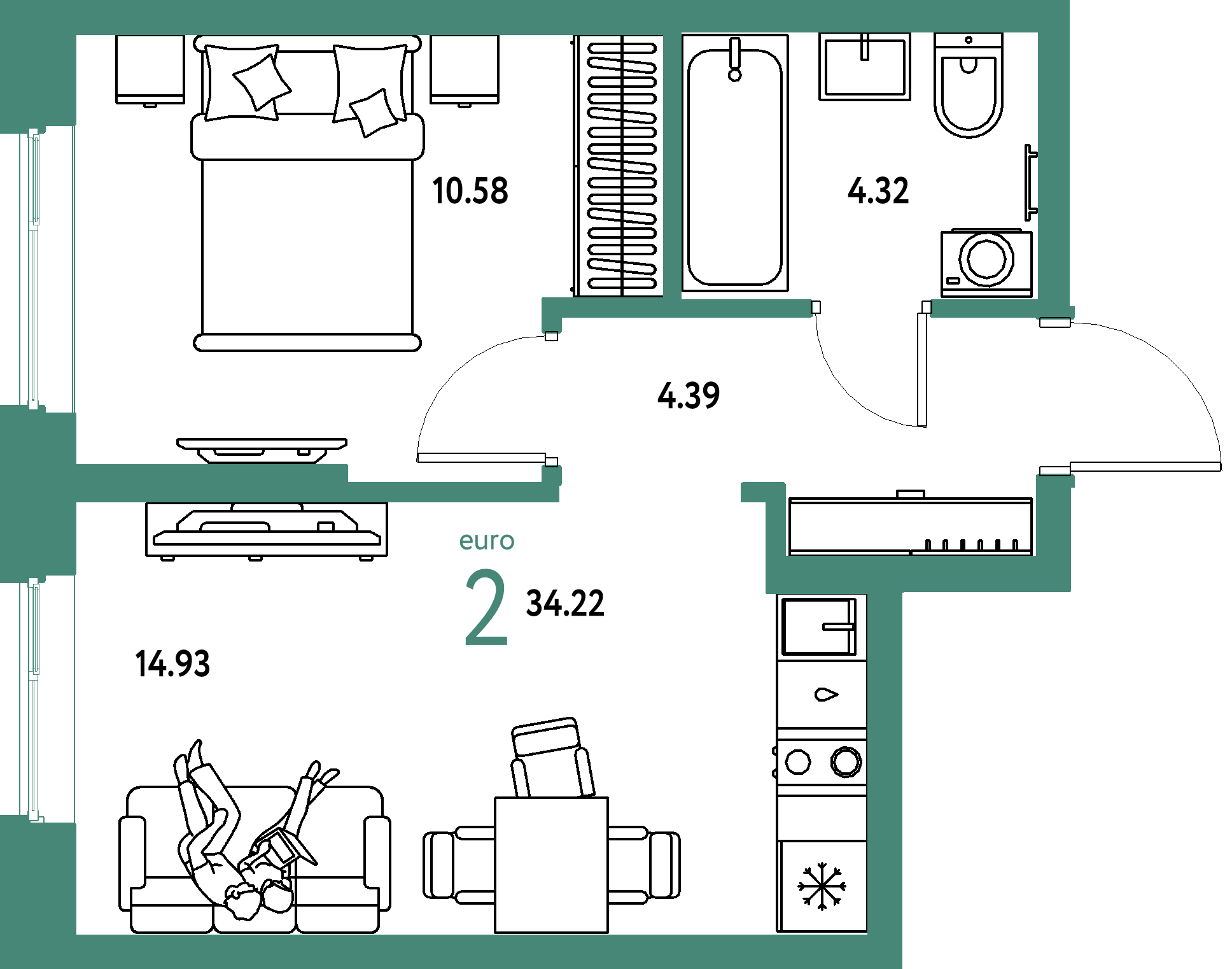 ЖК "Европейский берег 2.0"-2-комнатная 34.22 м²