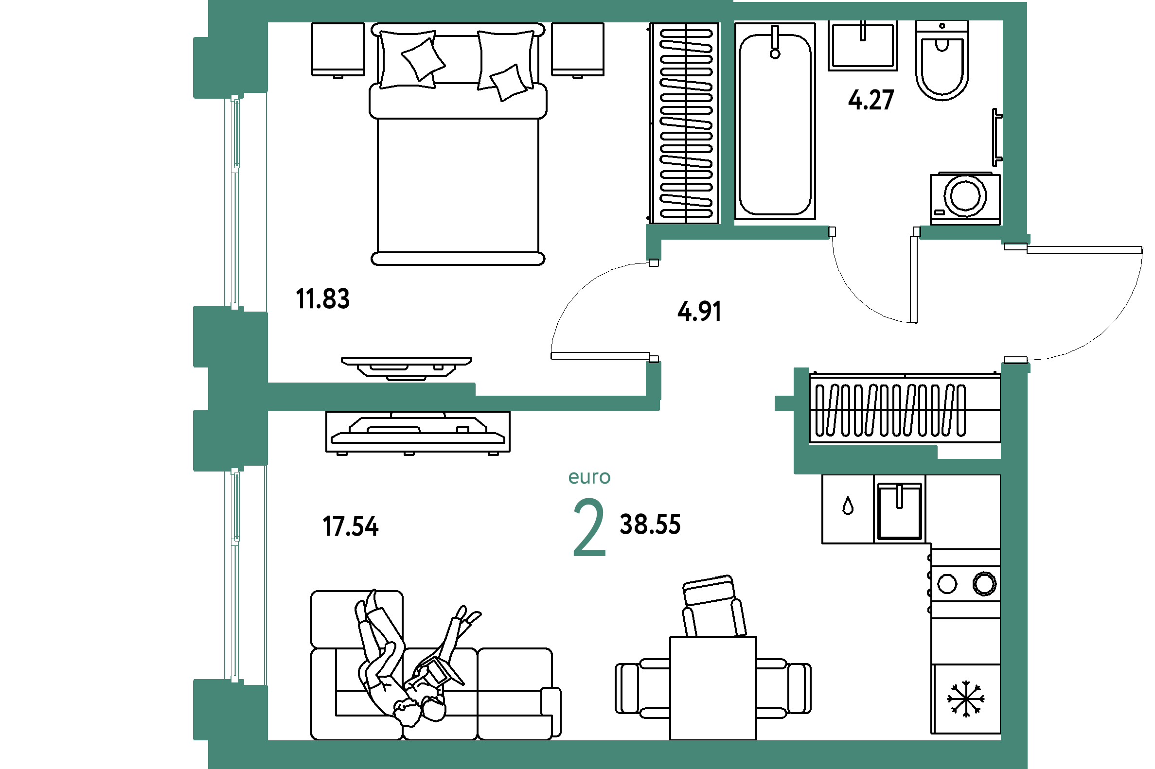 ЖК "Европейский берег 2.0"-2-комнатная 38.55 м²