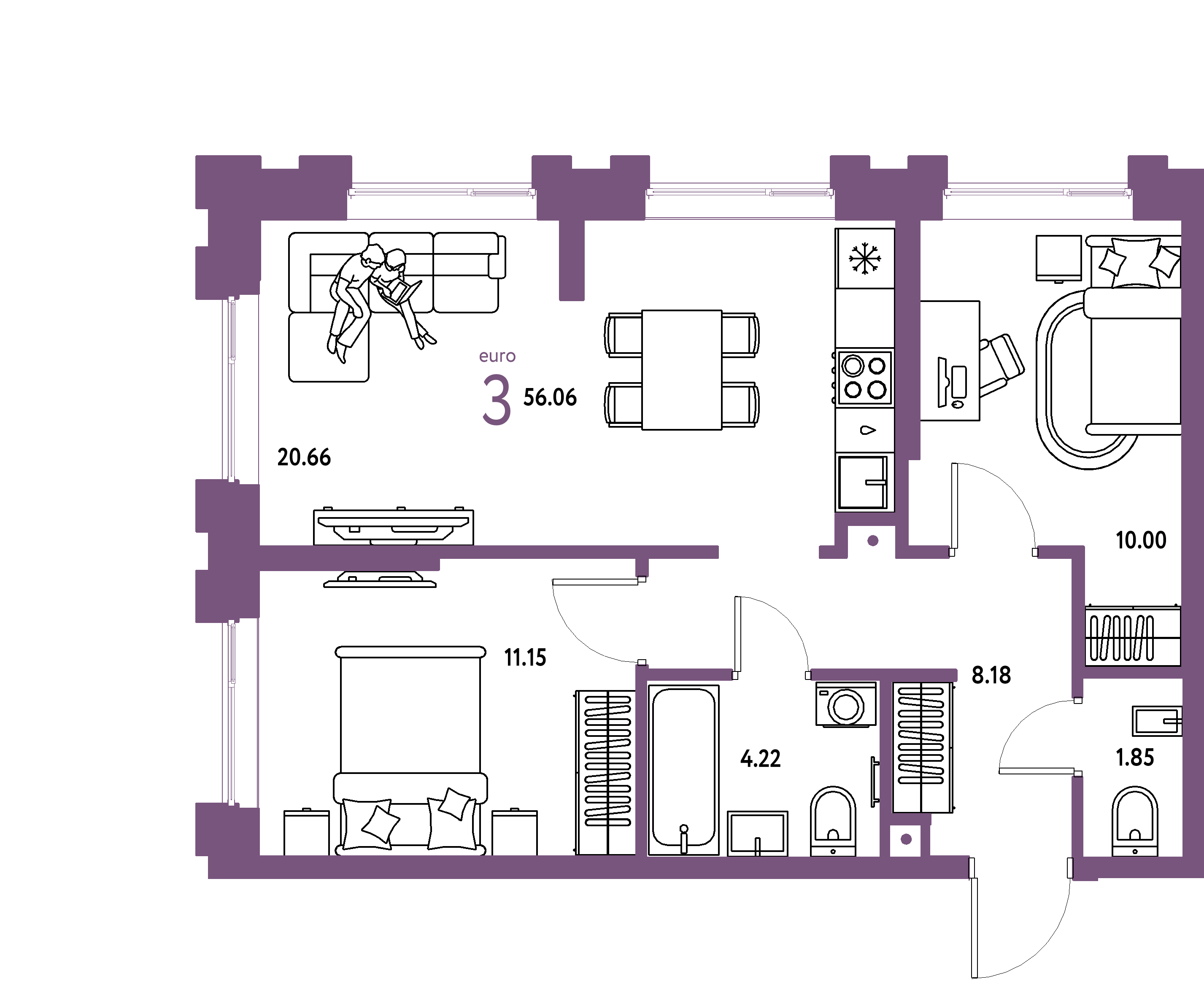 ЖК "Европейский берег 2.0"-3-комнатная 56.06 м²