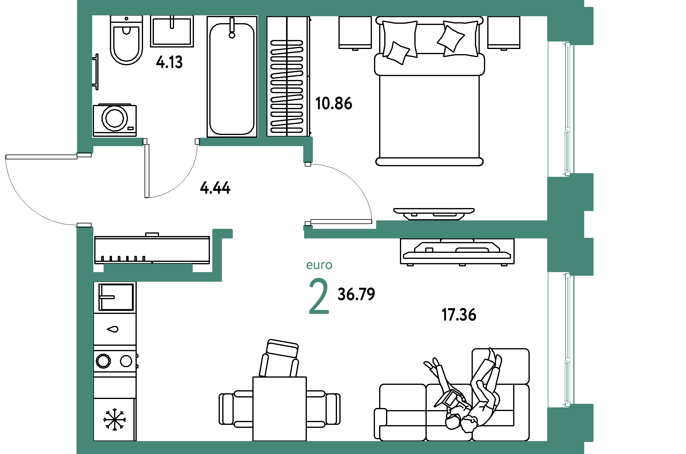 ЖК "Европейский берег 2.0"-2-комнатная 36.79 м²