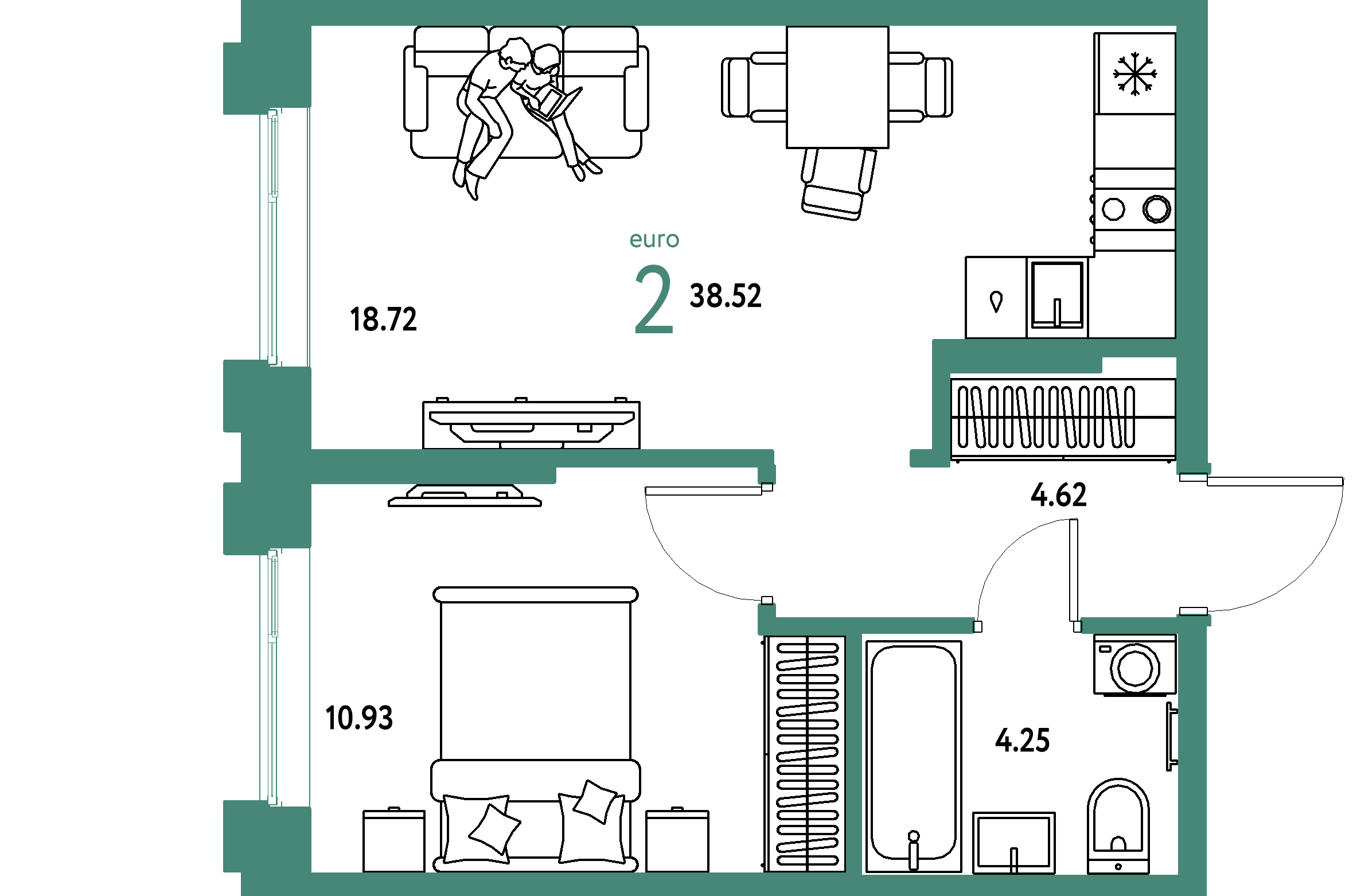 ЖК "Европейский берег 2.0"-2-комнатная 38.52 м²