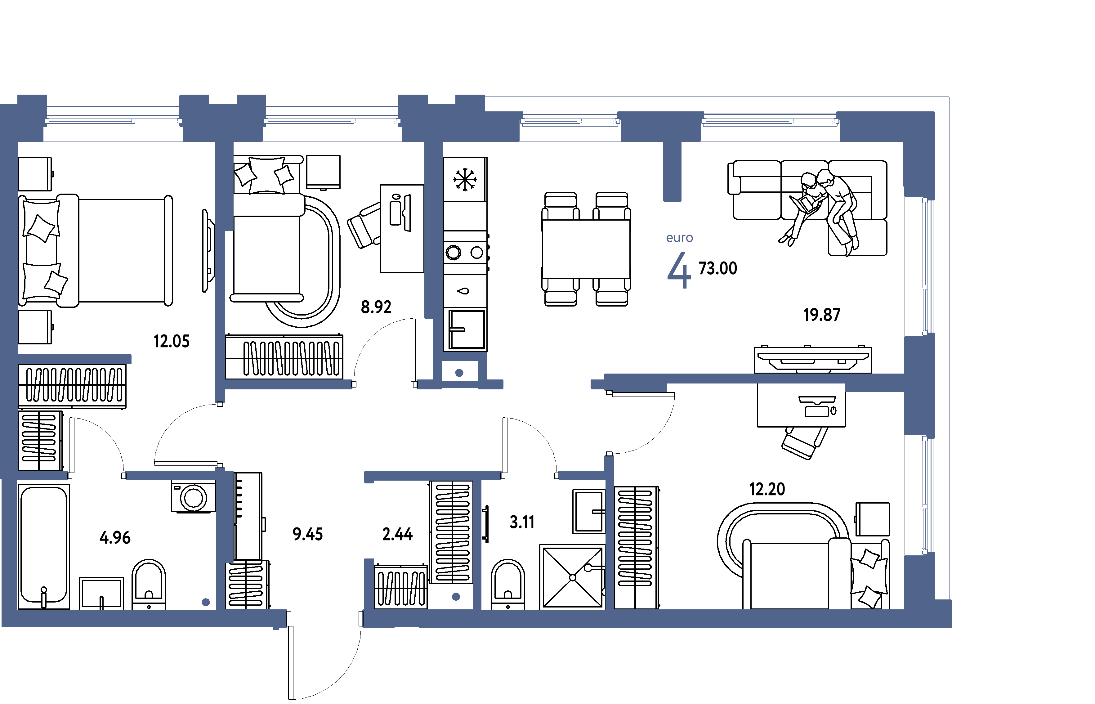 ЖК "Европейский берег 2.0"-4-комнатная 73 м²