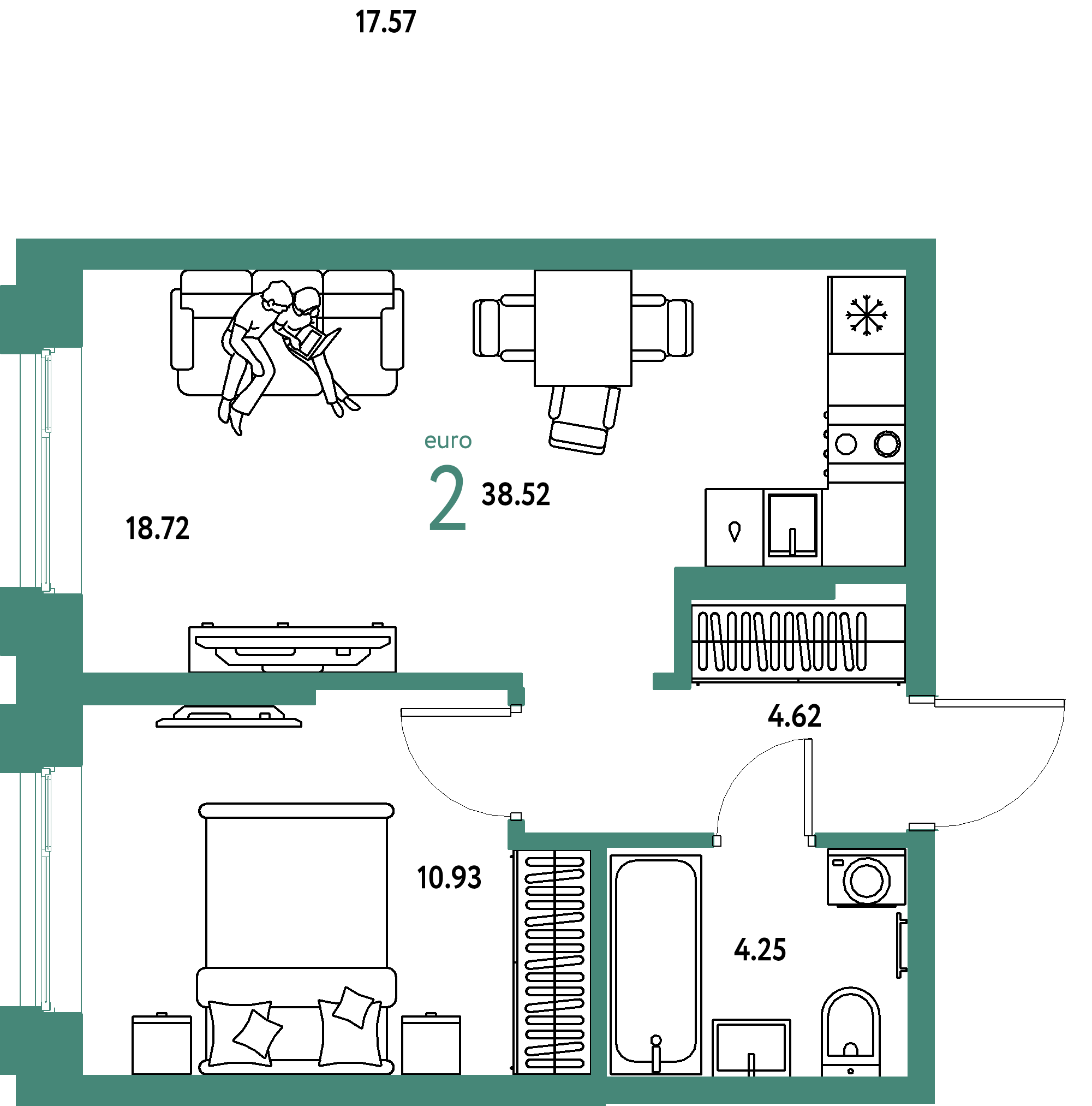 ЖК "Европейский берег 2.0"-2-комнатная 38.52 м²