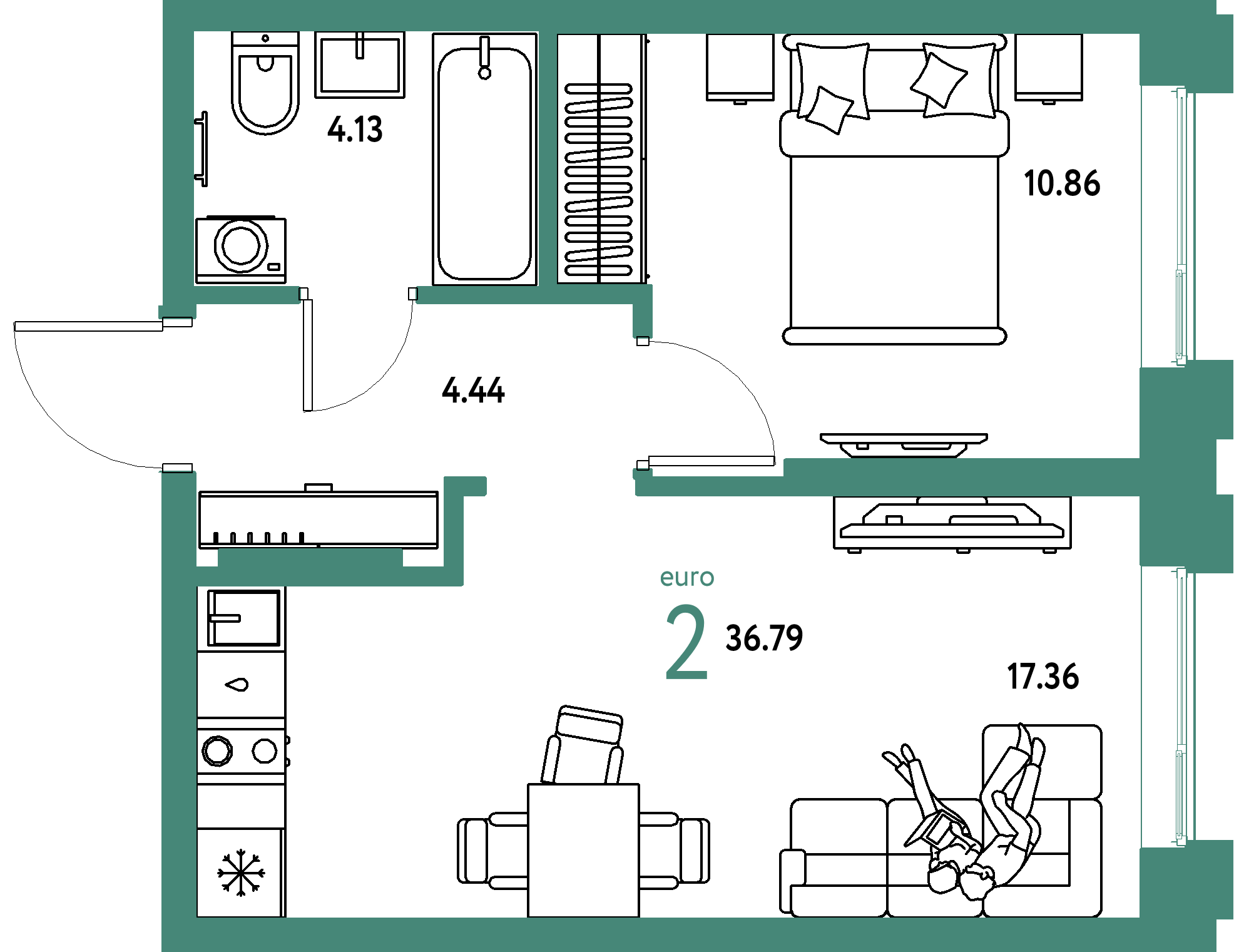 ЖК "Европейский берег 2.0"-2-комнатная 36.79 м²
