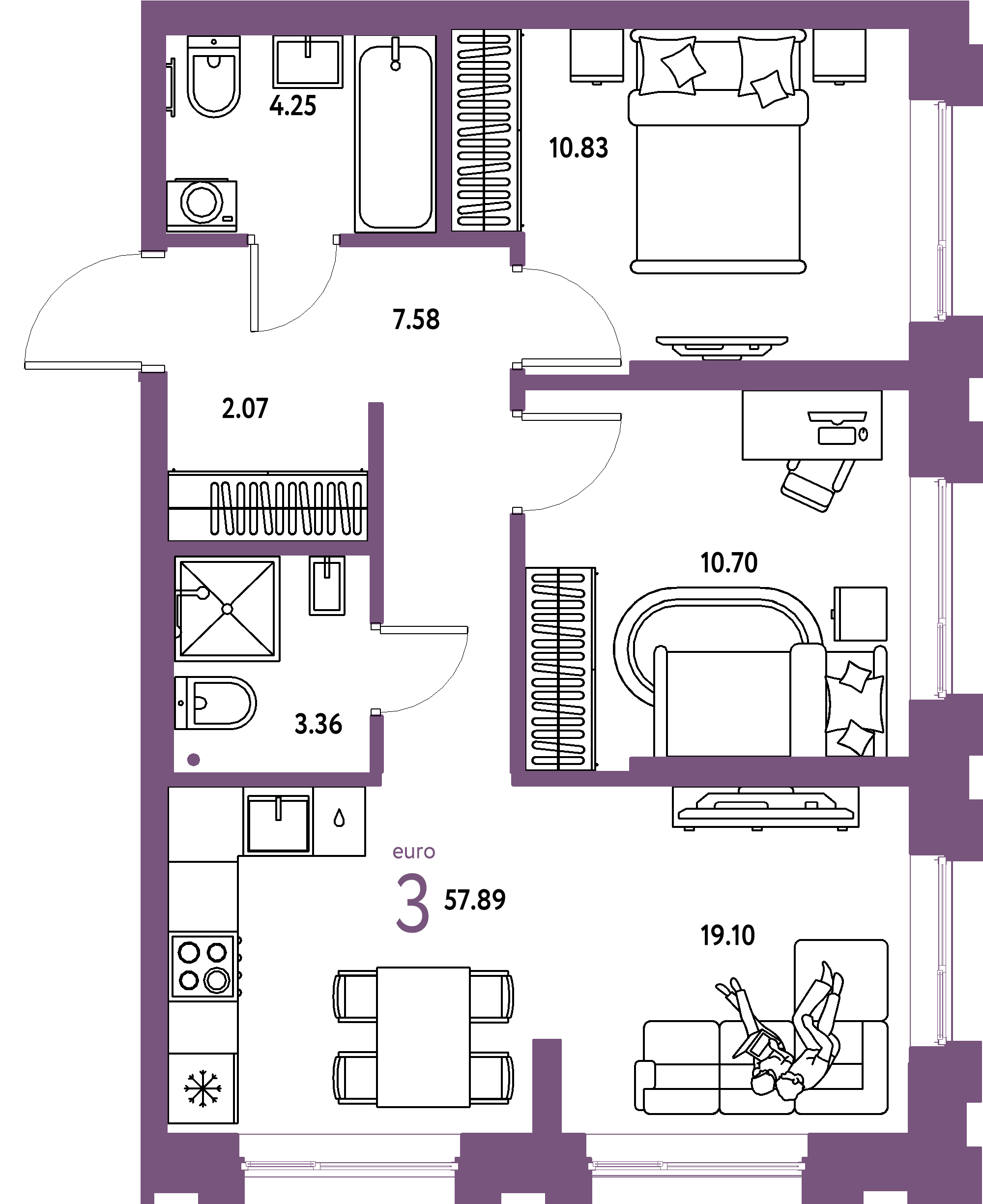 ЖК "Европейский берег 2.0"-3-комнатная 57.89 м²