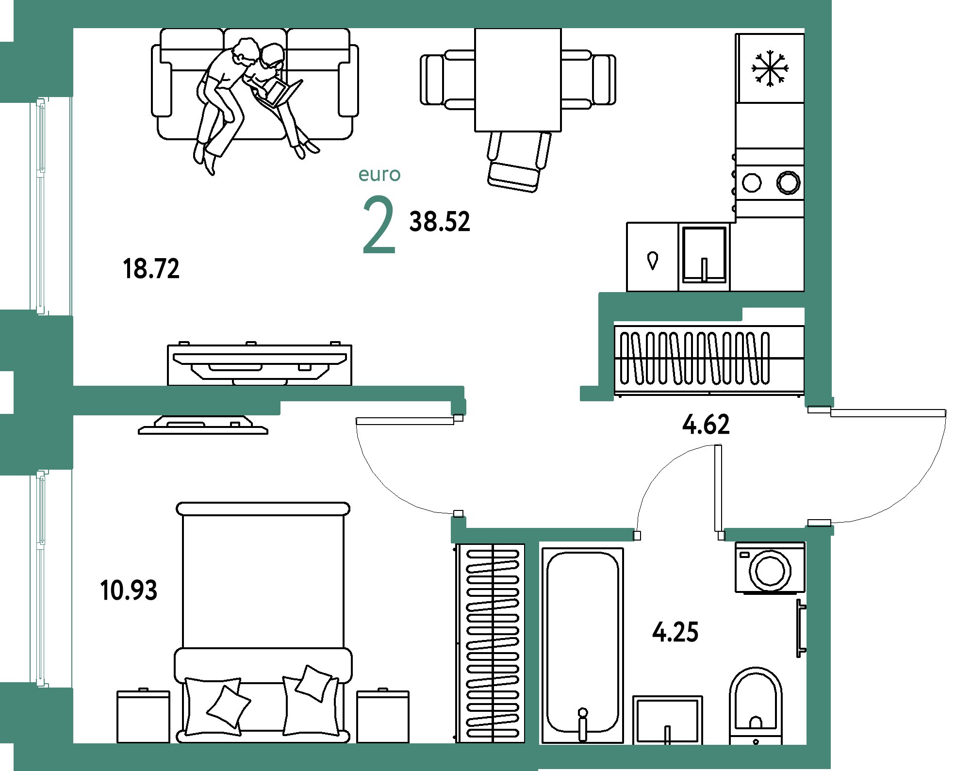ЖК "Европейский берег 2.0"-2-комнатная 38.52 м²