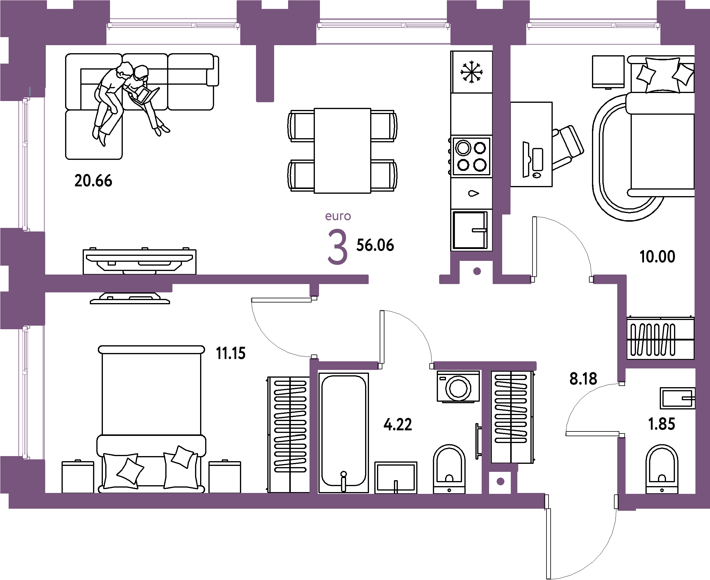 ЖК "Европейский берег 2.0"-3-комнатная 56.06 м²