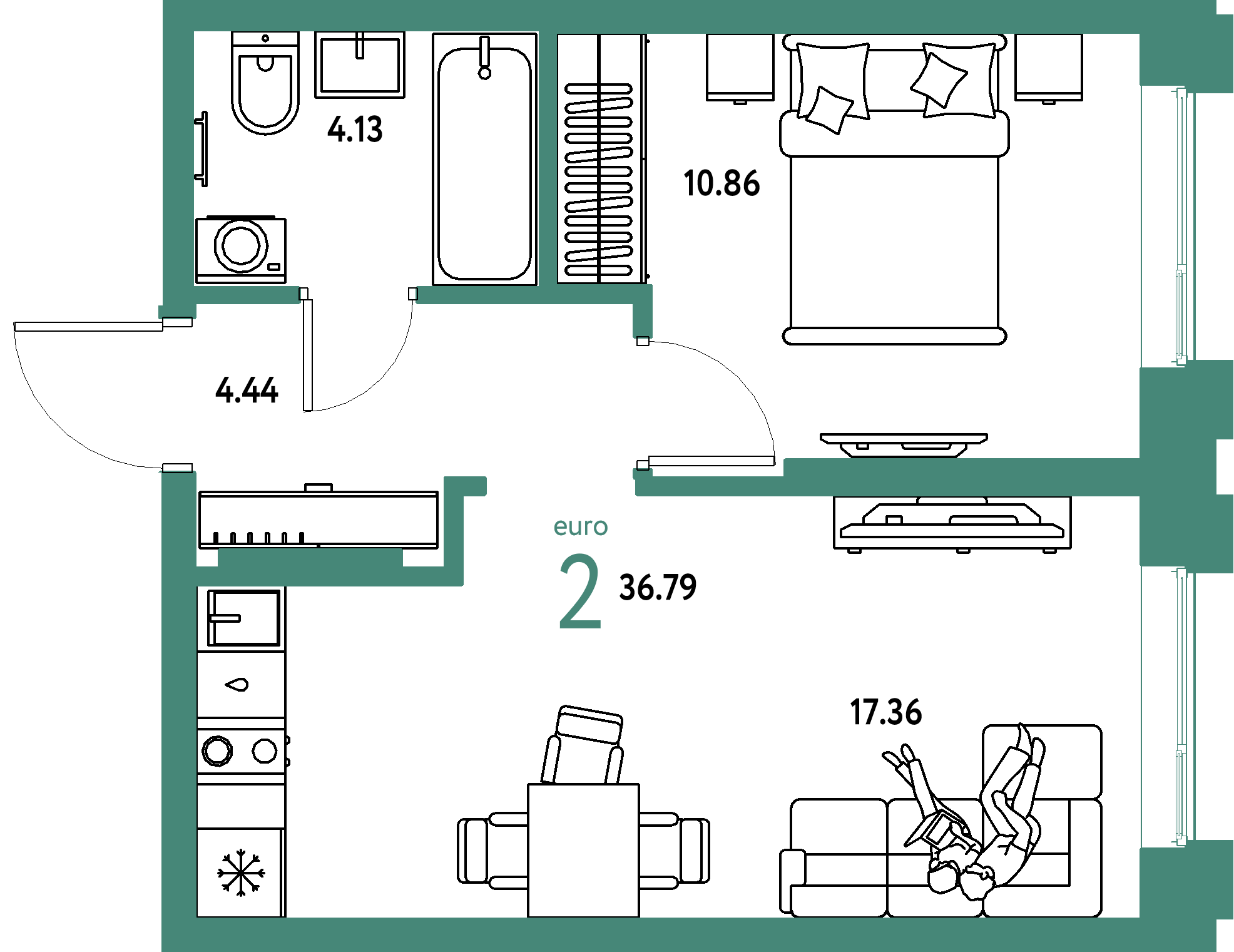 ЖК "Европейский берег 2.0"-2-комнатная 36.79 м²