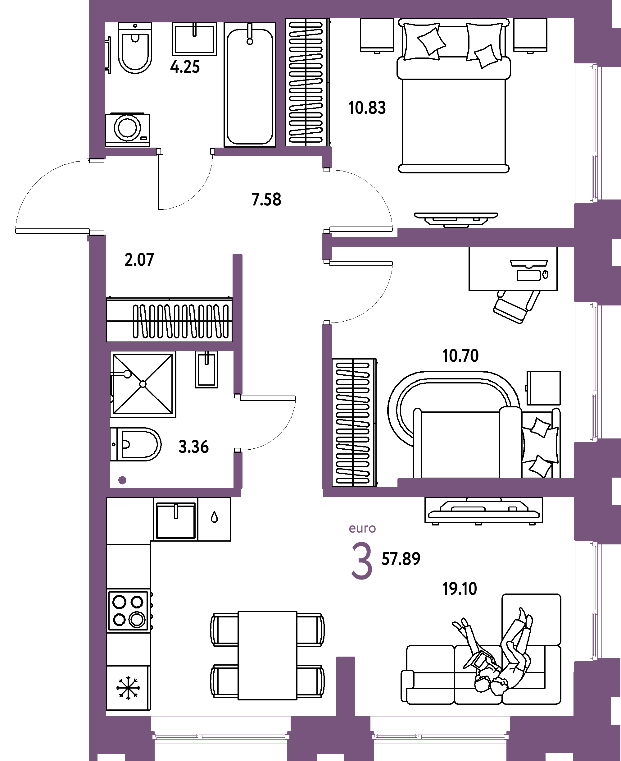 ЖК "Европейский берег 2.0"-3-комнатная 57.89 м²
