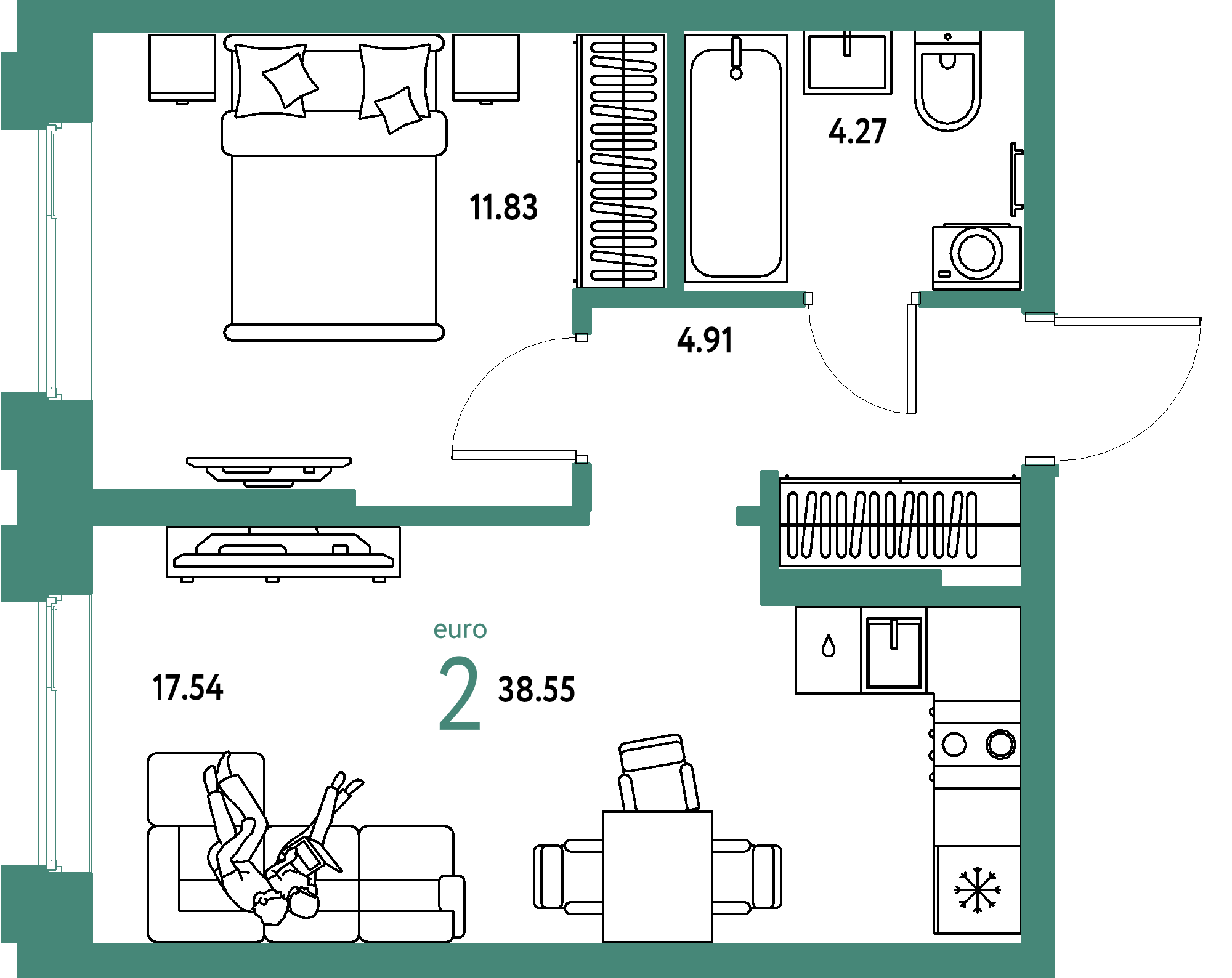 ЖК "Европейский берег 2.0"-2-комнатная 38.55 м²