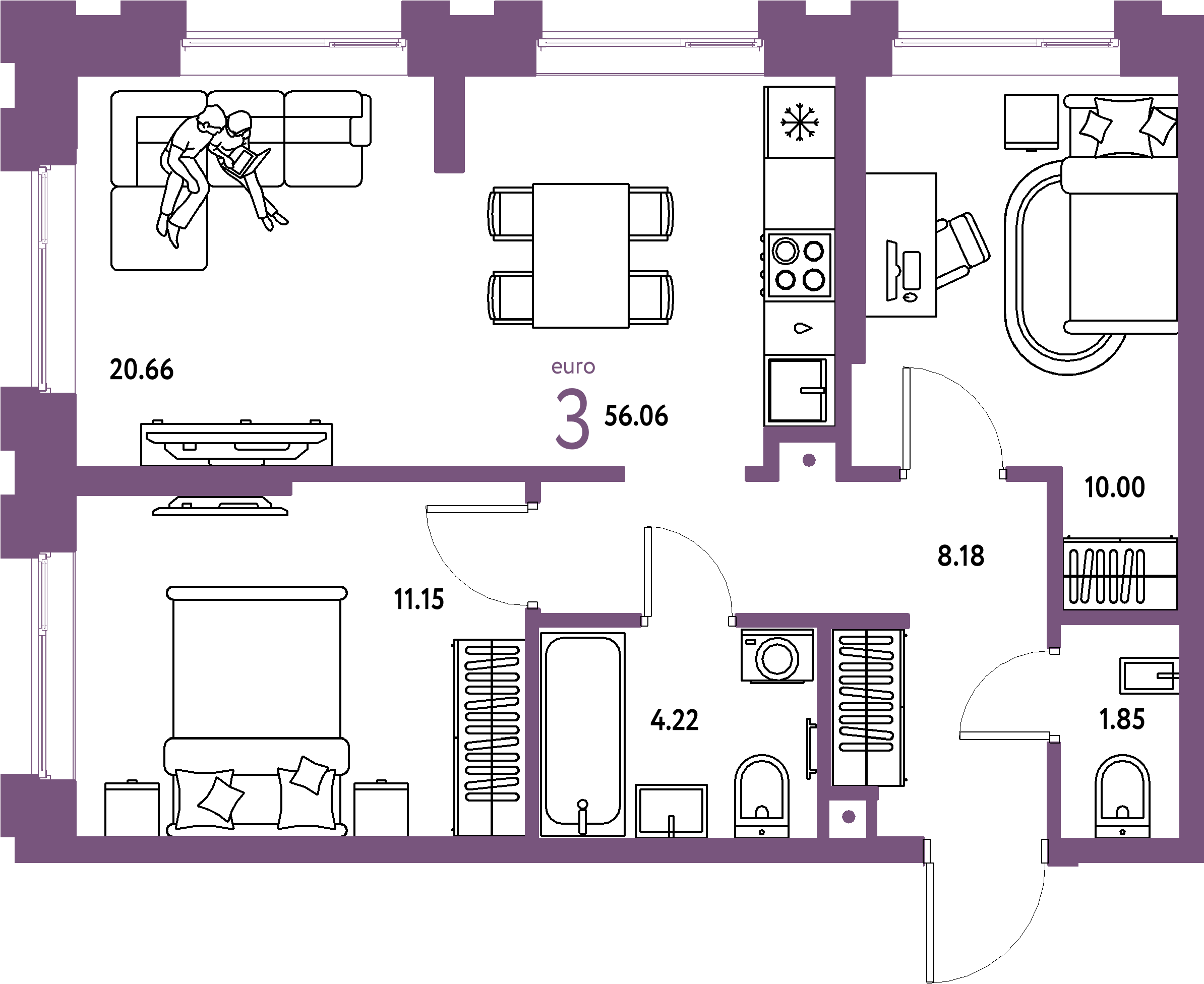 ЖК "Европейский берег 2.0"-3-комнатная 56.06 м²