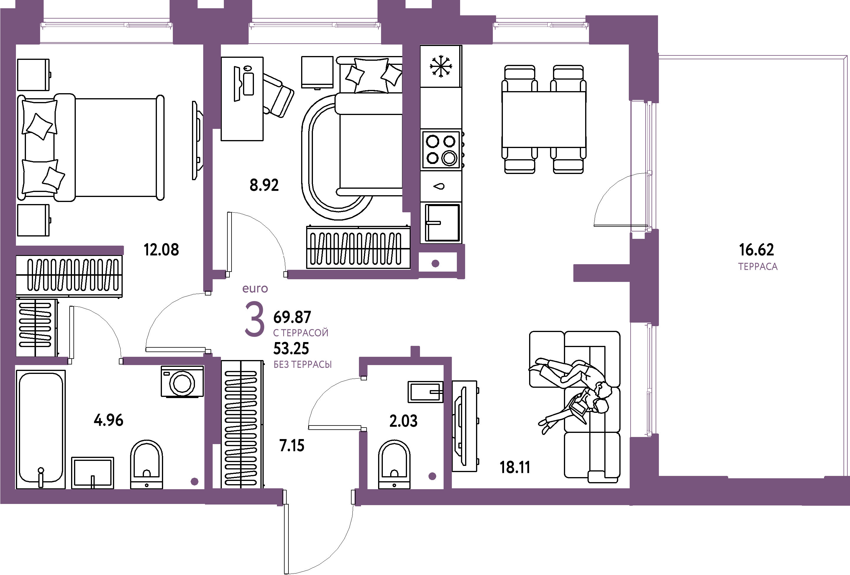 ЖК "Европейский берег 2.0"-3-комнатная 69.87 м²
