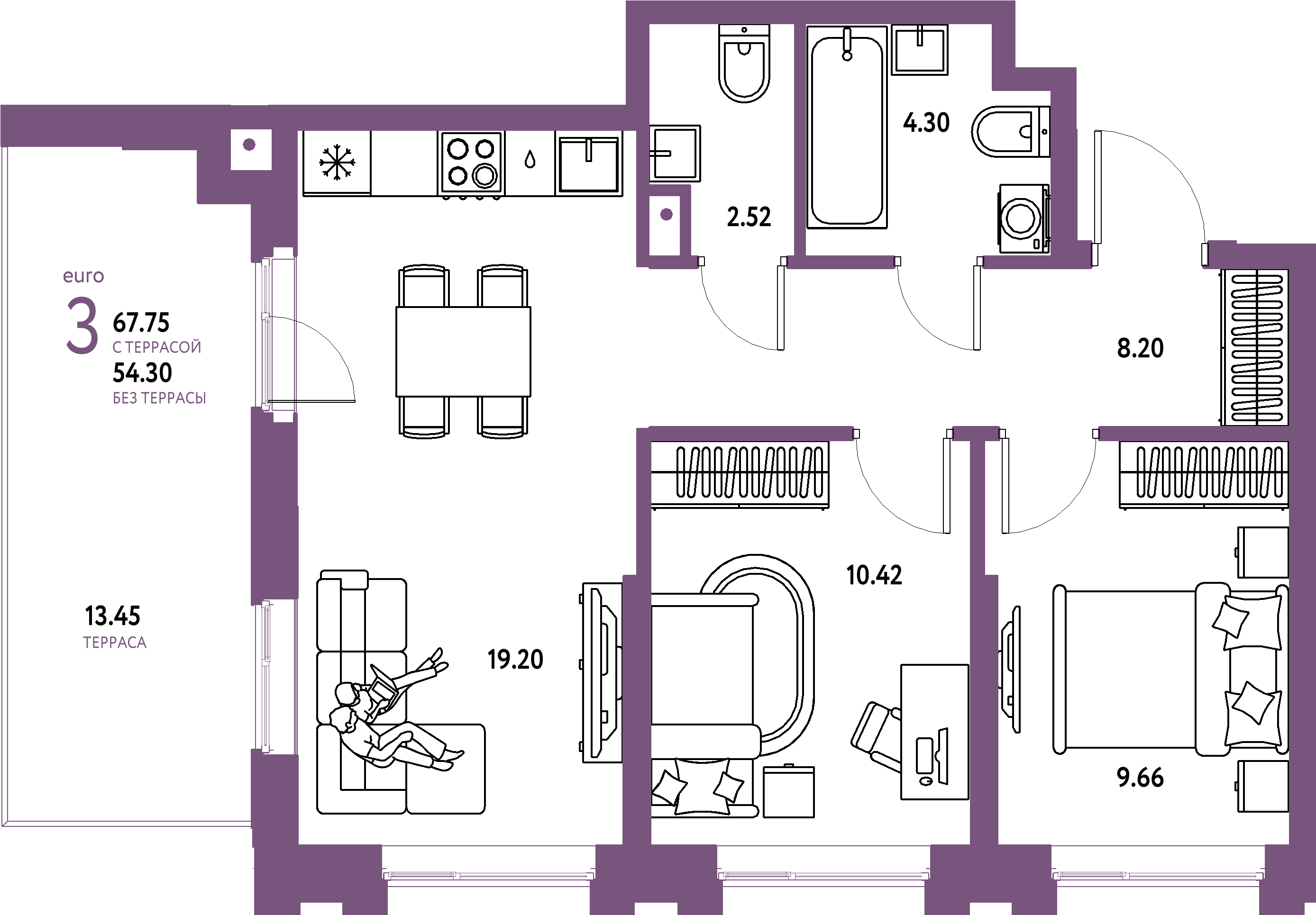 ЖК "Европейский берег 2.0"-3-комнатная 67.75 м²