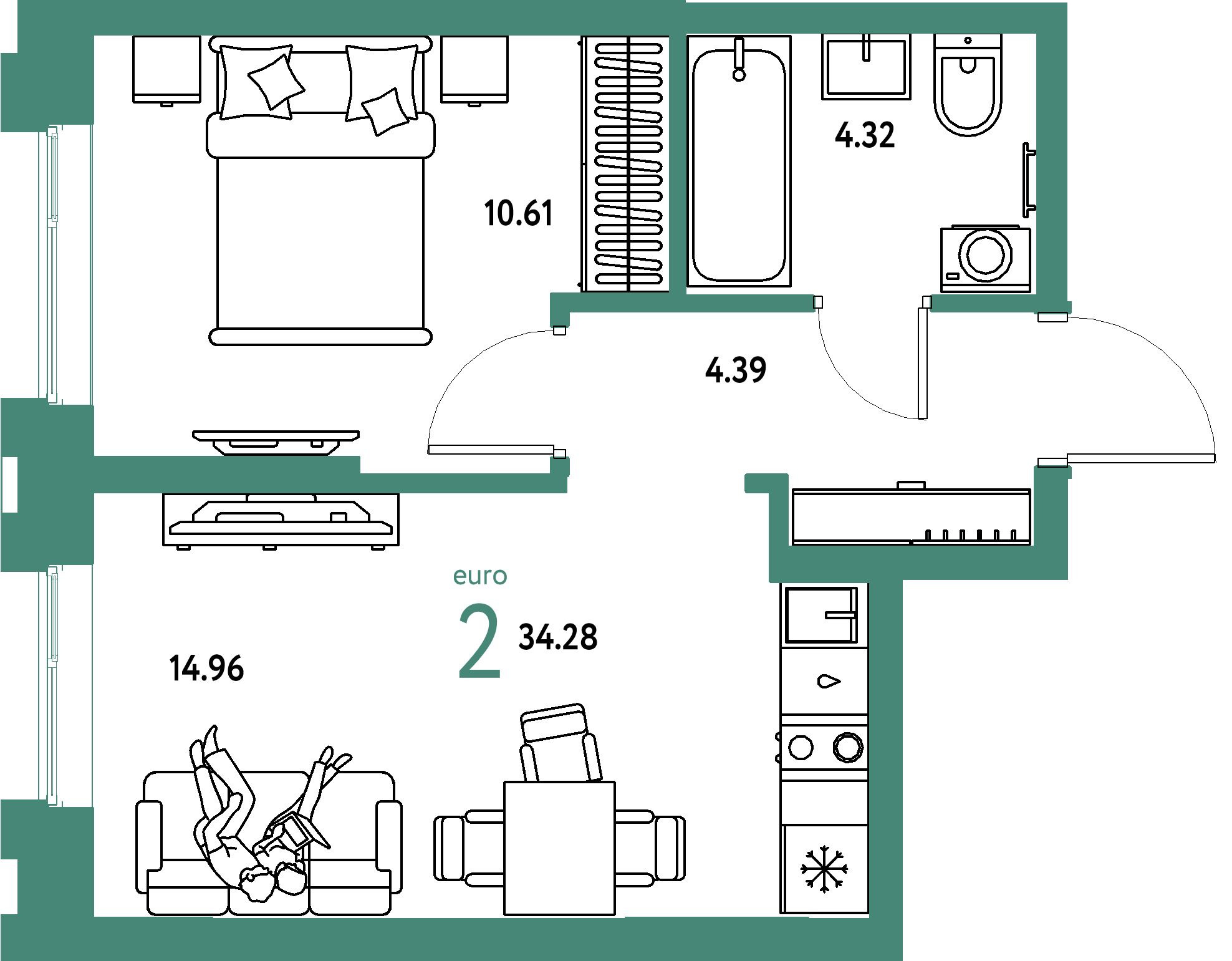 ЖК "Европейский берег 2.0"-2-комнатная 34.28 м²