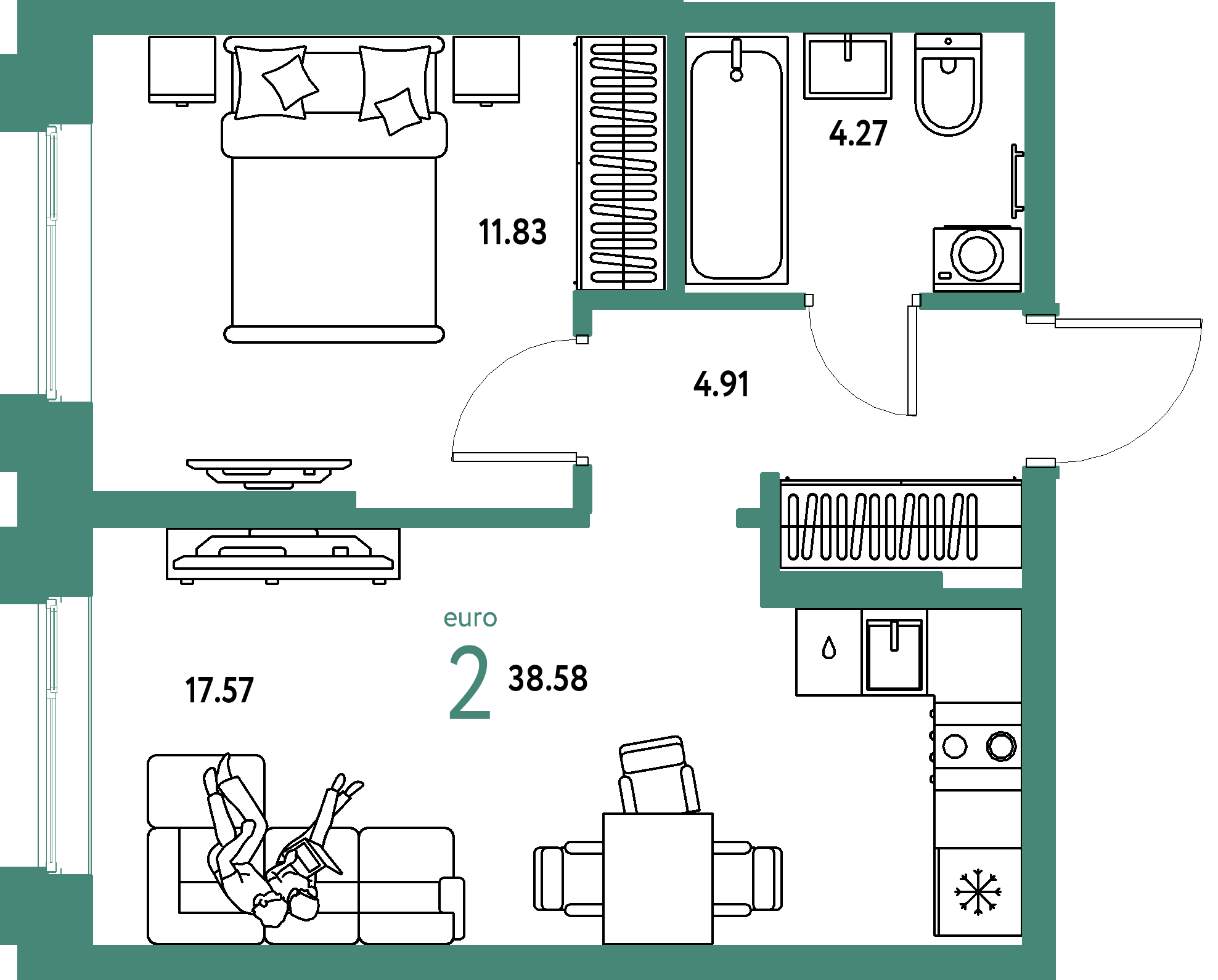 ЖК "Европейский берег 2.0"-2-комнатная 38.58 м²