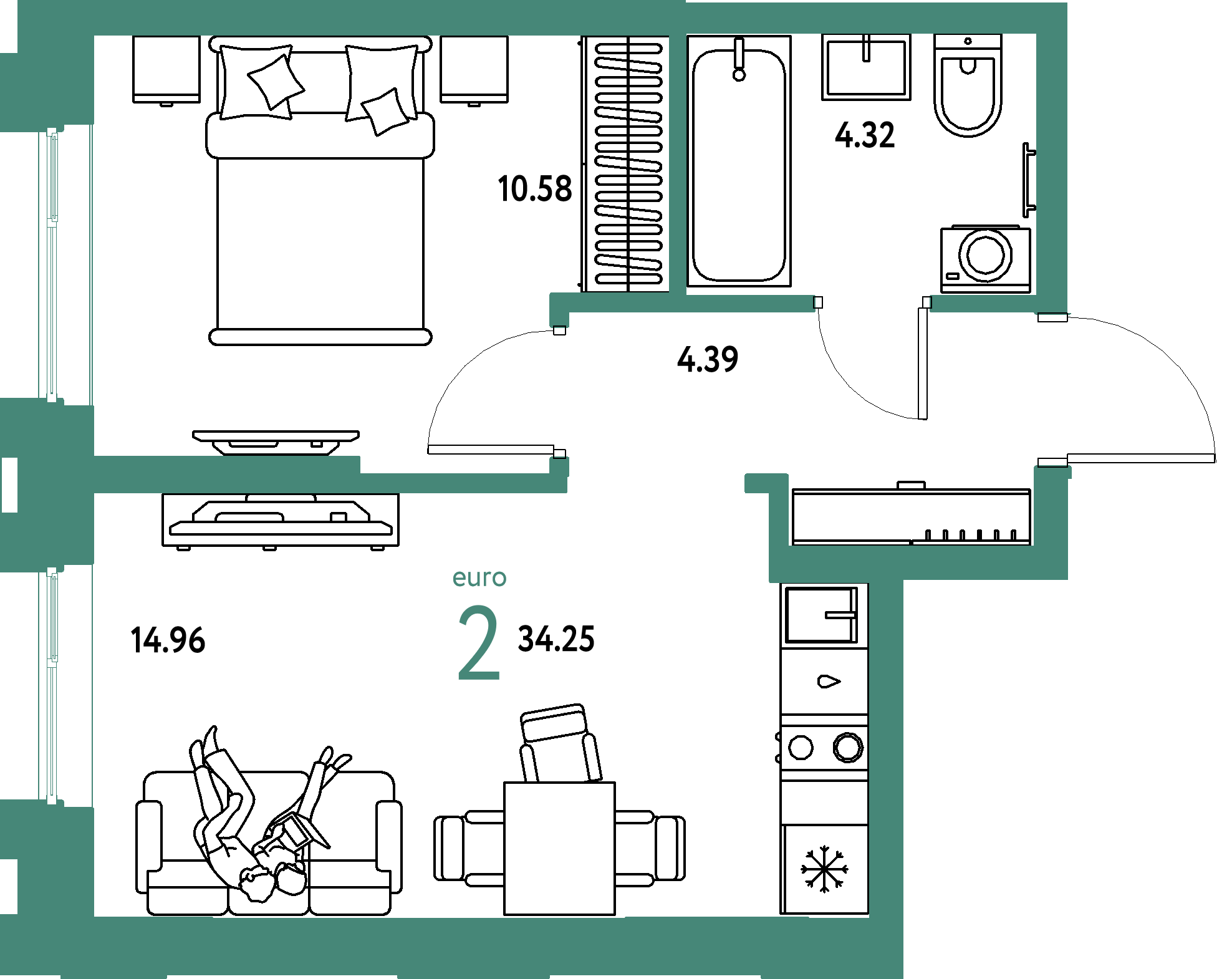 ЖК "Европейский берег 2.0"-2-комнатная 34.25 м²
