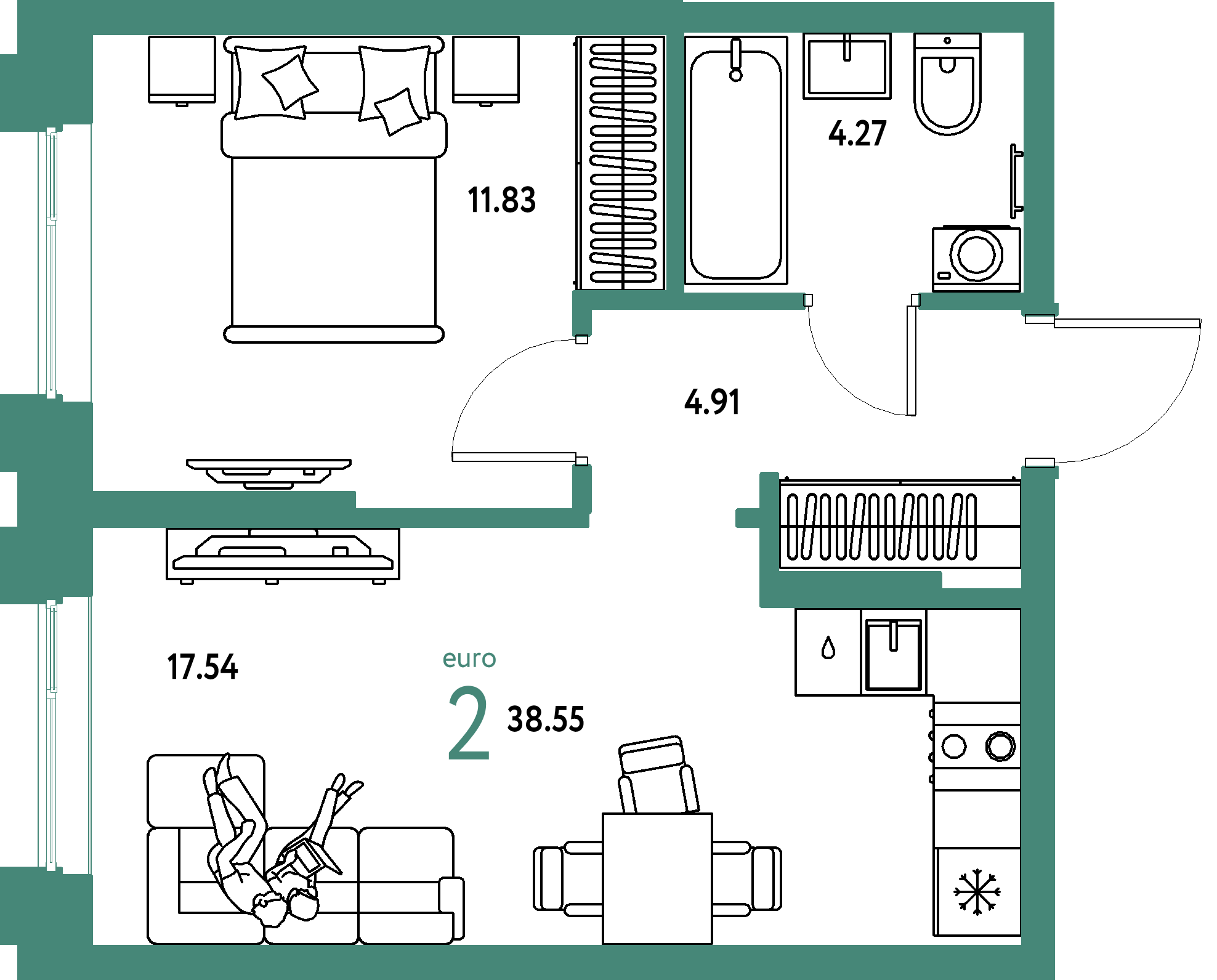 ЖК "Европейский берег 2.0"-2-комнатная 38.55 м²