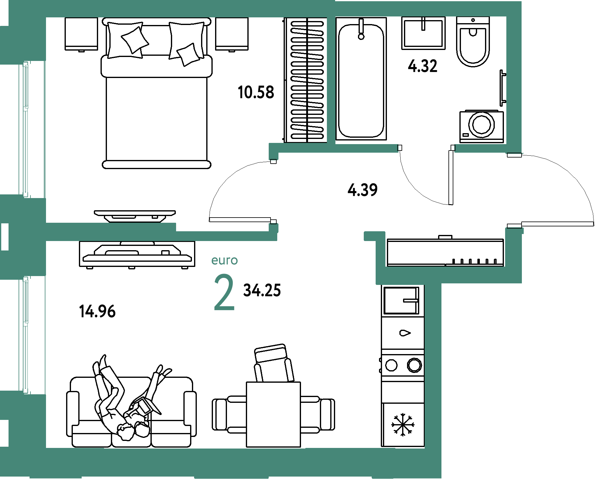 ЖК "Европейский берег 2.0"-2-комнатная 34.25 м²