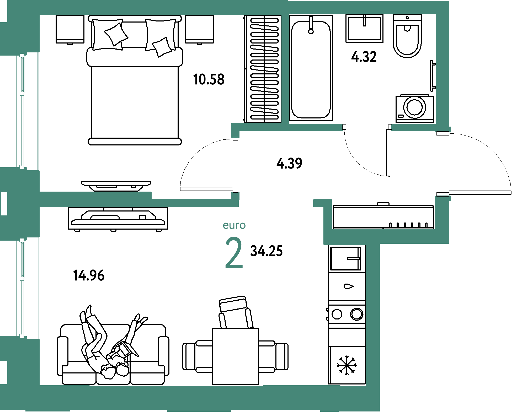 ЖК "Европейский берег 2.0"-2-комнатная 34.25 м²