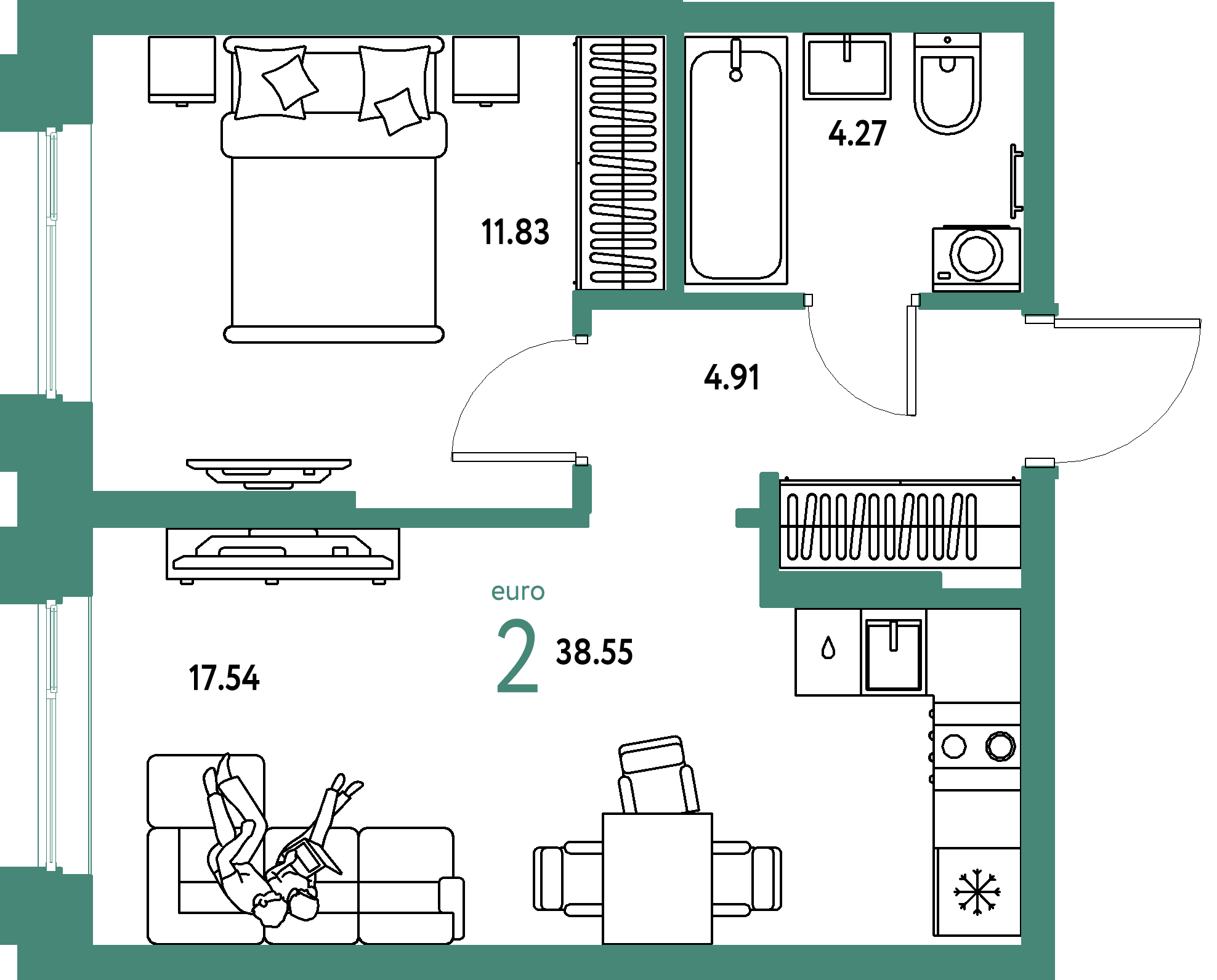 ЖК "Европейский берег 2.0"-2-комнатная 38.55 м²