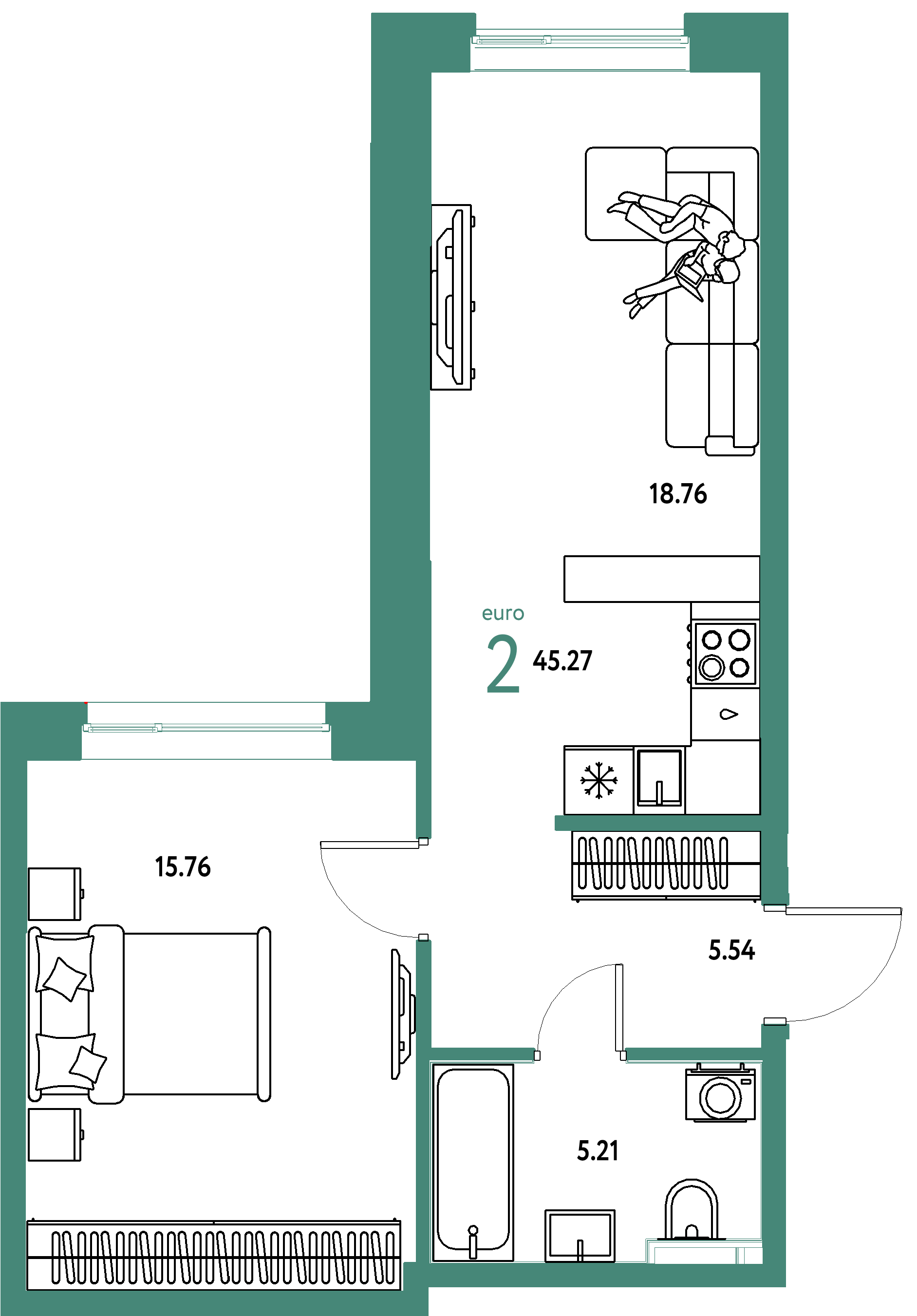 ЖК "Остров-сад"-2-комнатная 45.27 м²