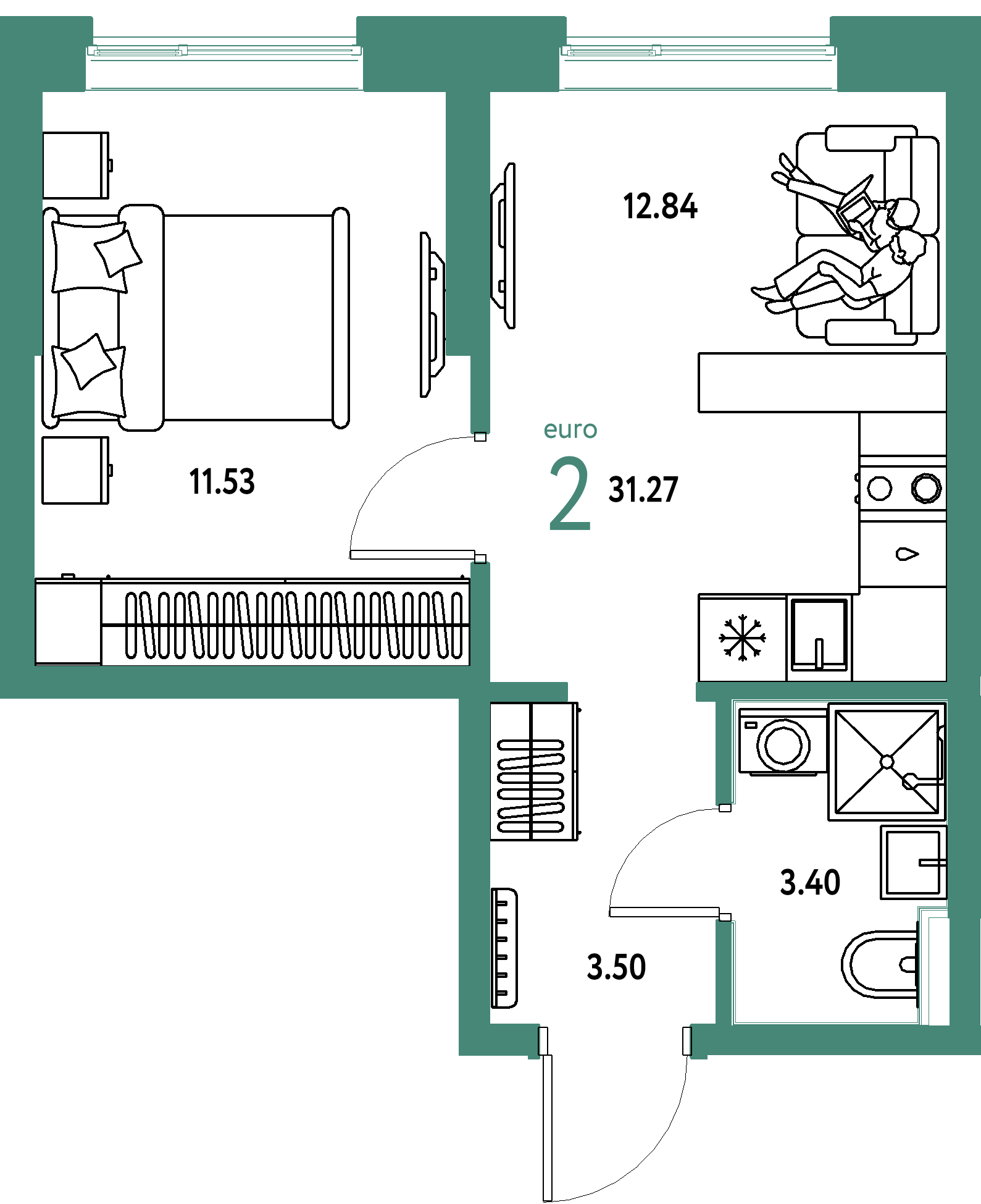 Планировка: 1-комнатная 31.3 м² в ЖК Остров-сад, ДОК