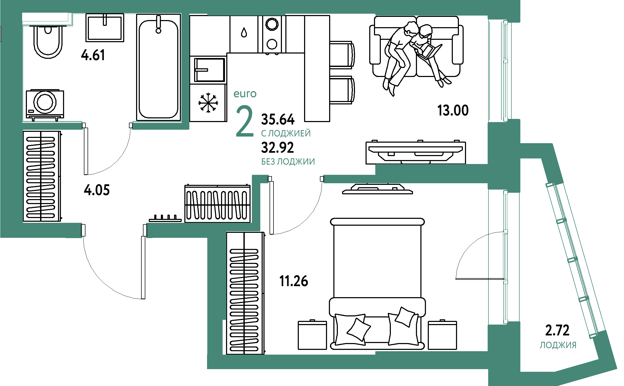 Планировка: Евродвушка 35.6 м² в ЖК Остров-сад, ДОК