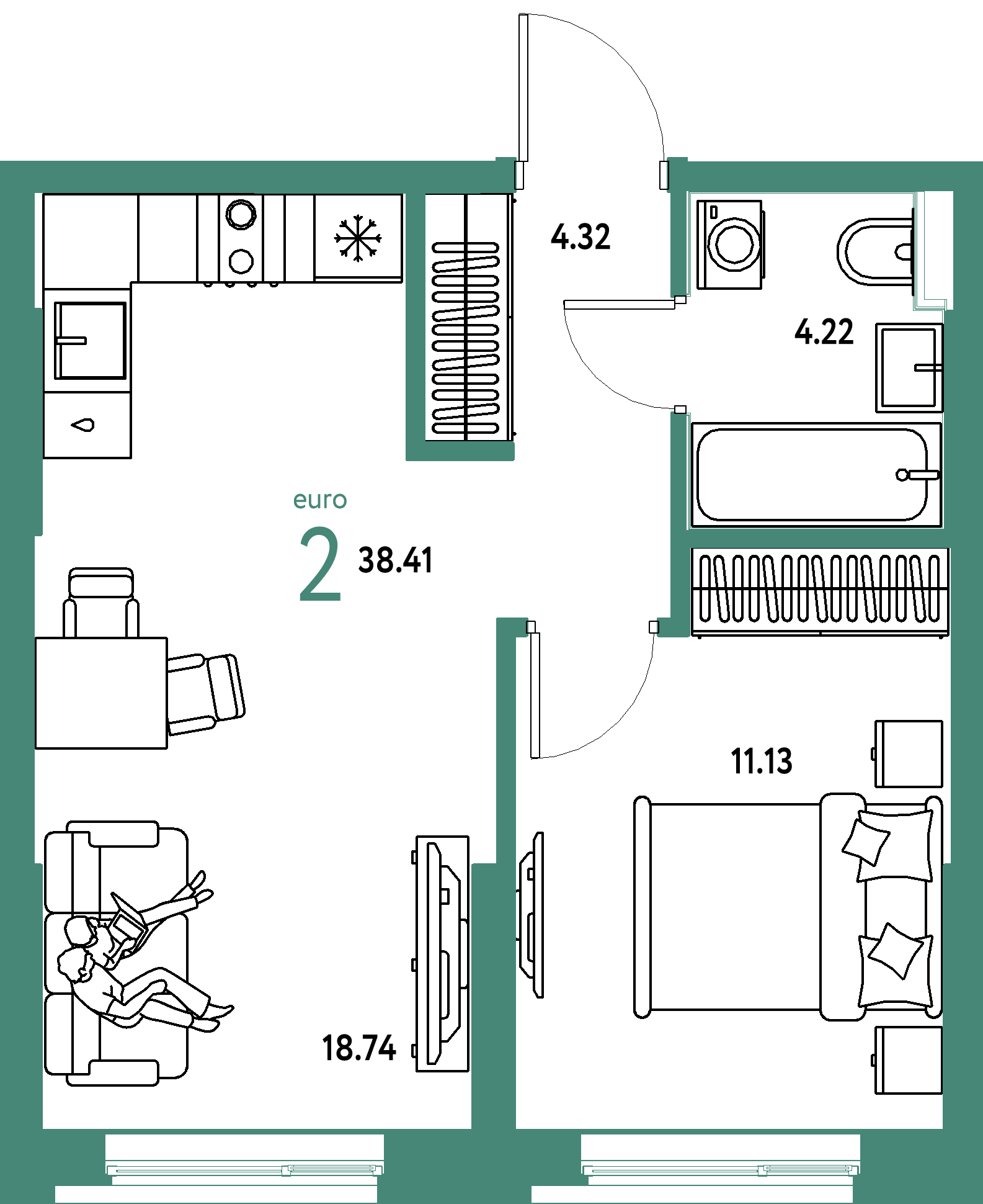 ЖК "Остров-сад"-2-комнатная 38.41 м²