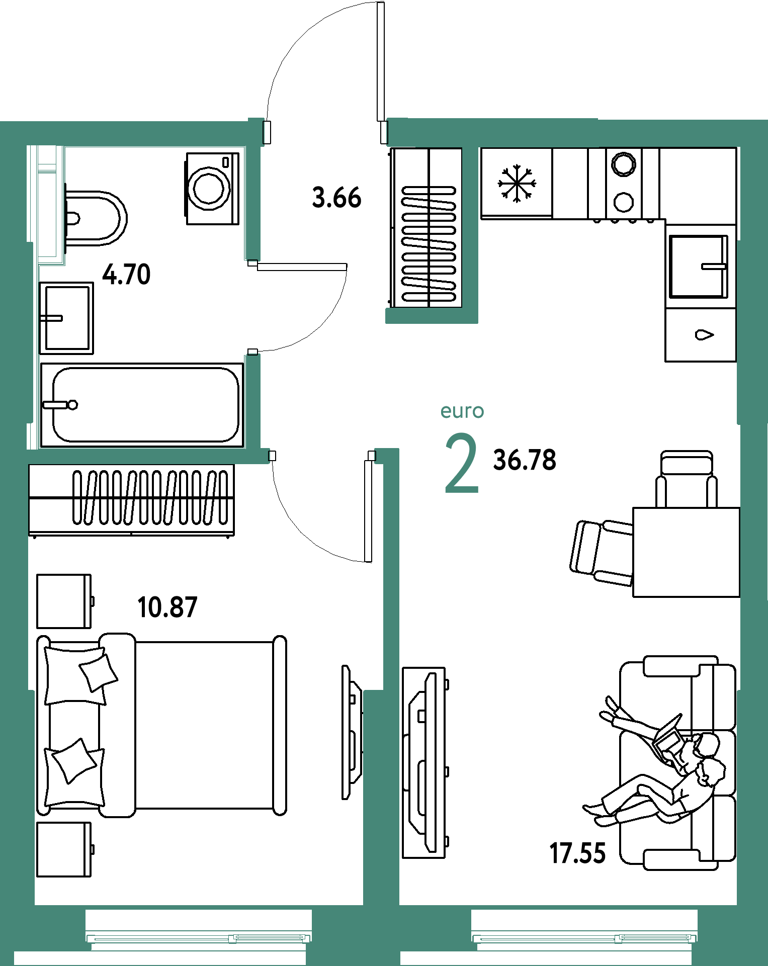 Планировка: 2-комнатная 36.8 м² в ЖК Остров-сад, ДОК