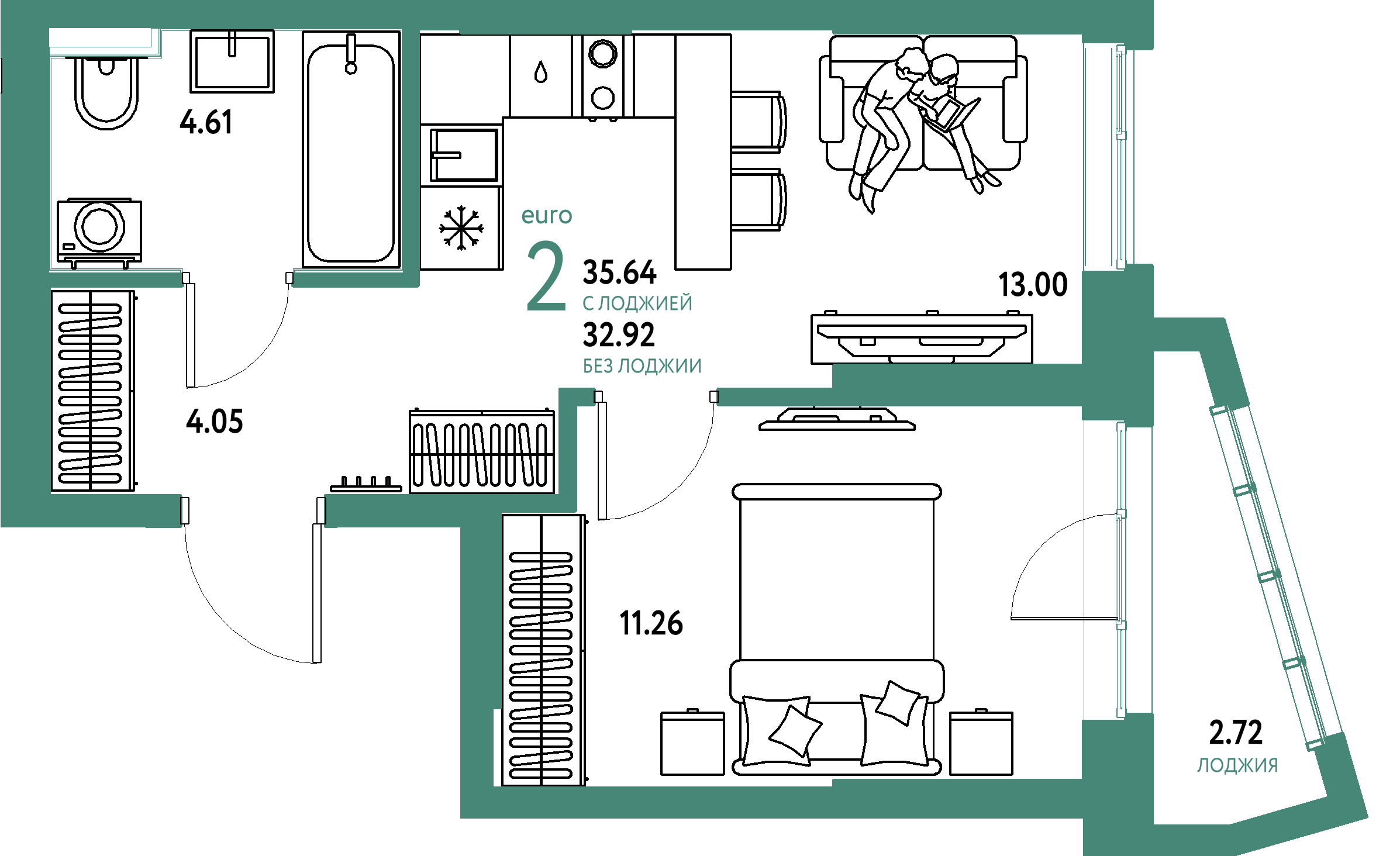 Планировка: Евродвушка 35.6 м² в ЖК Остров-сад, ДОК