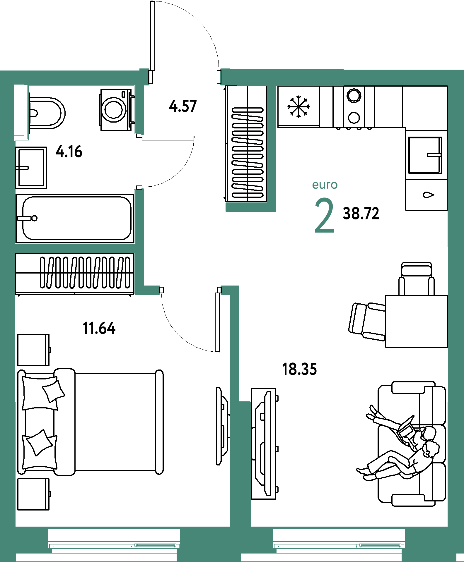 Планировка: Евродвушка 38.7 м² в ЖК Остров-сад, ДОК