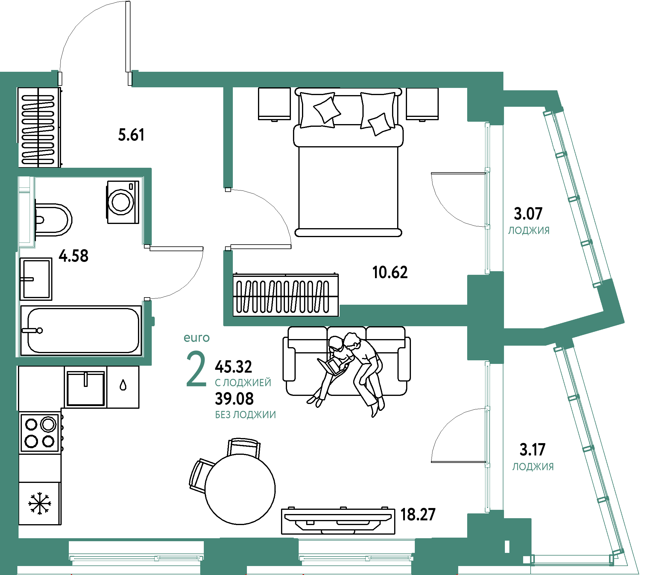 ЖК "Остров-сад"-2-комнатная 45.32 м²