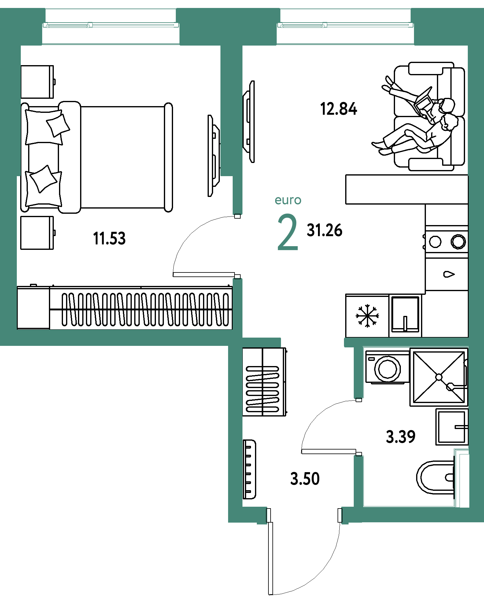 Планировка: 1-комнатная 31.3 м² в ЖК Остров-сад, ДОК