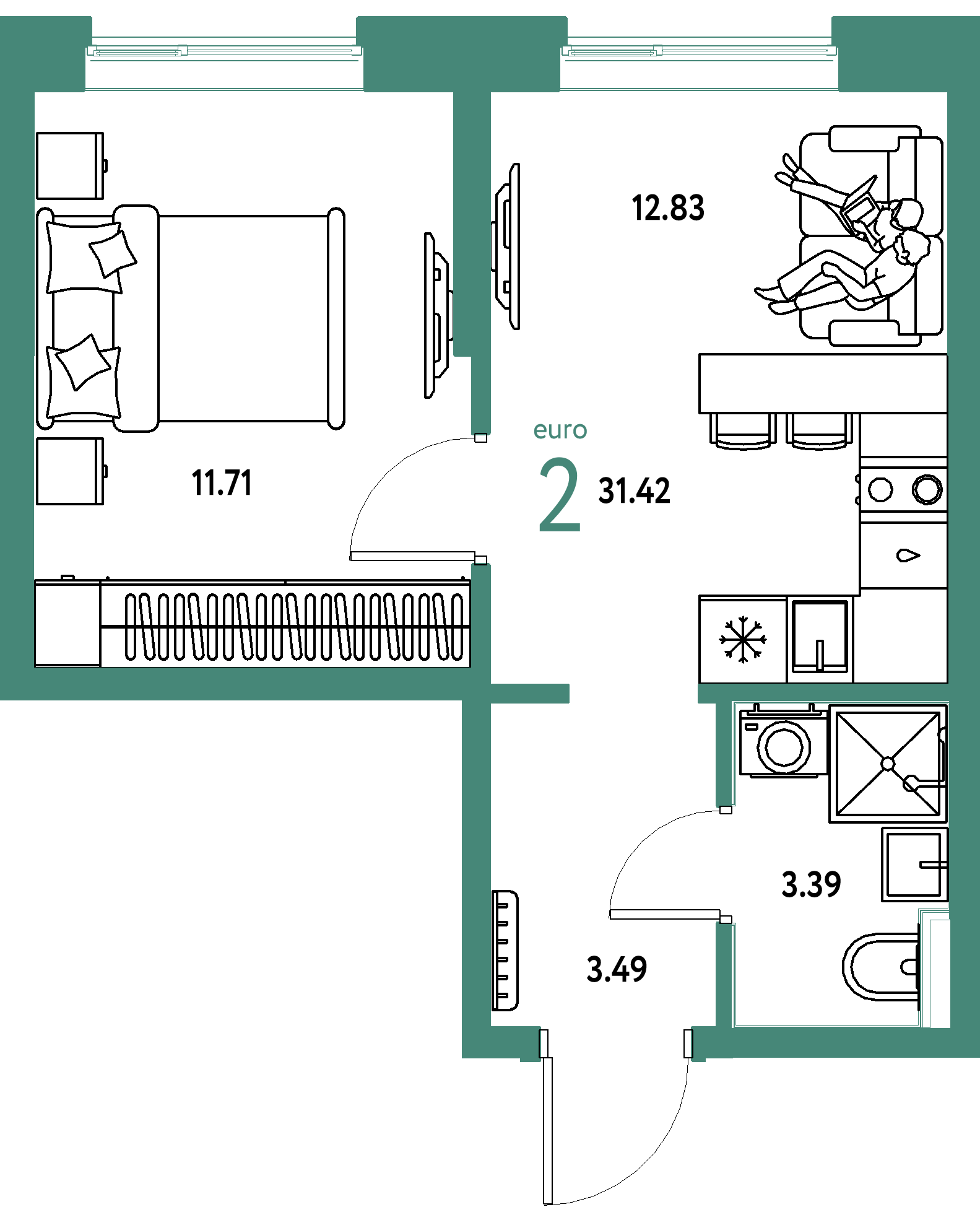 Планировка: 1-комнатная 31.4 м² в ЖК Остров-сад, ДОК