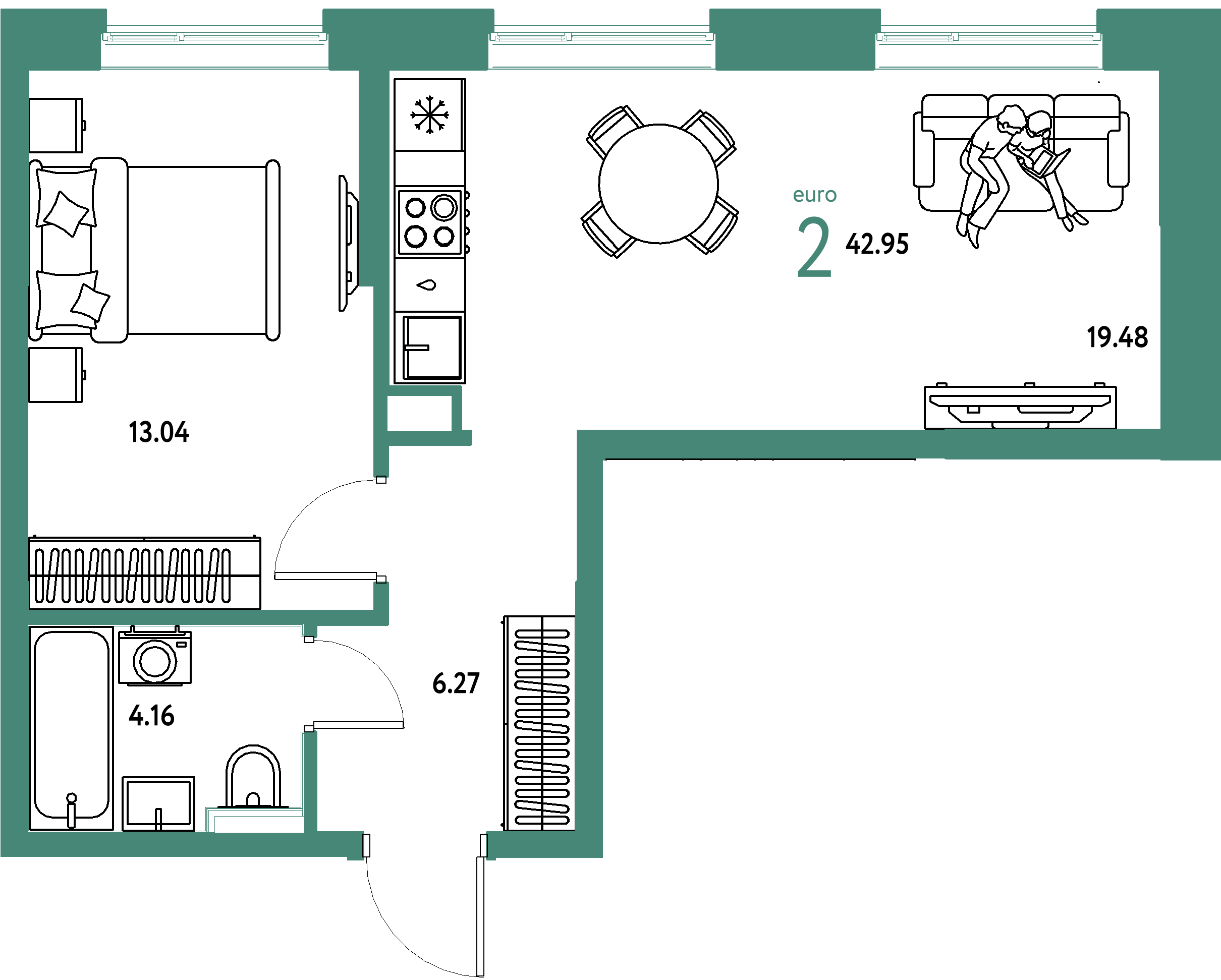 ЖК "Остров-сад"-2-комнатная 42.95 м²