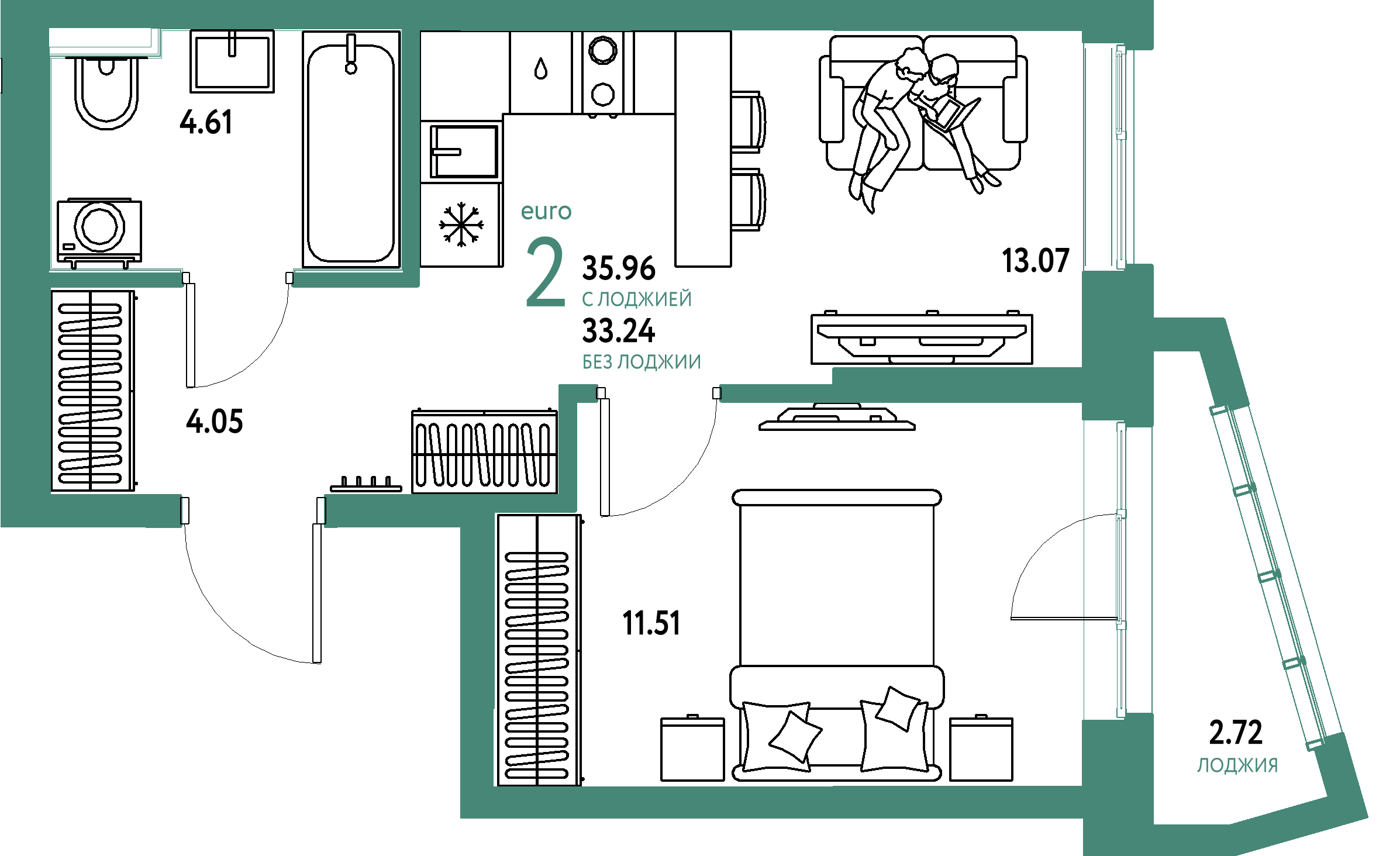 Планировка: Евродвушка 36 м² в ЖК Остров-сад, ДОК