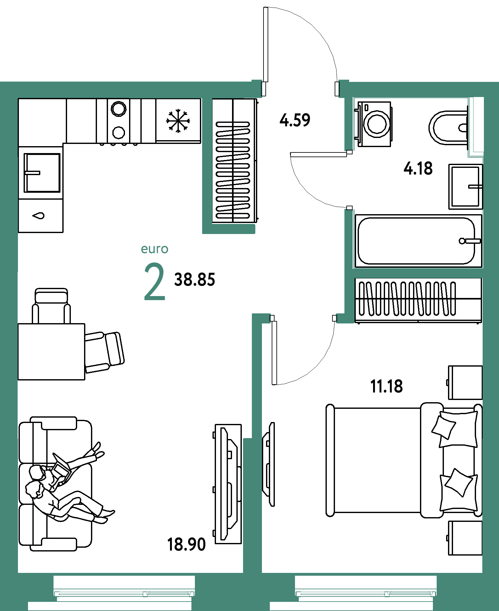 Планировка: Евродвушка 38.8 м² в ЖК Остров-сад, ДОК