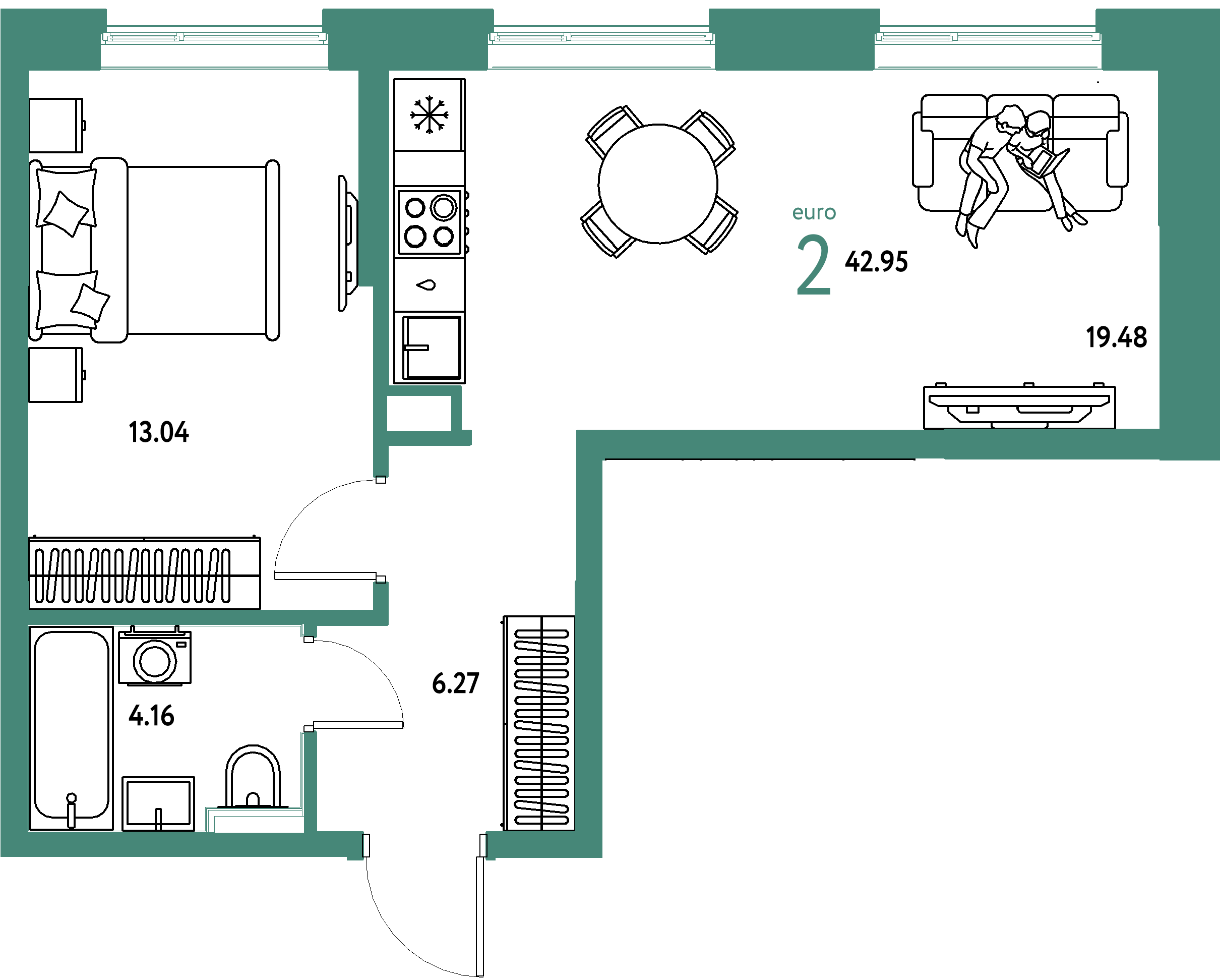 ЖК "Остров-сад"-2-комнатная 42.95 м²