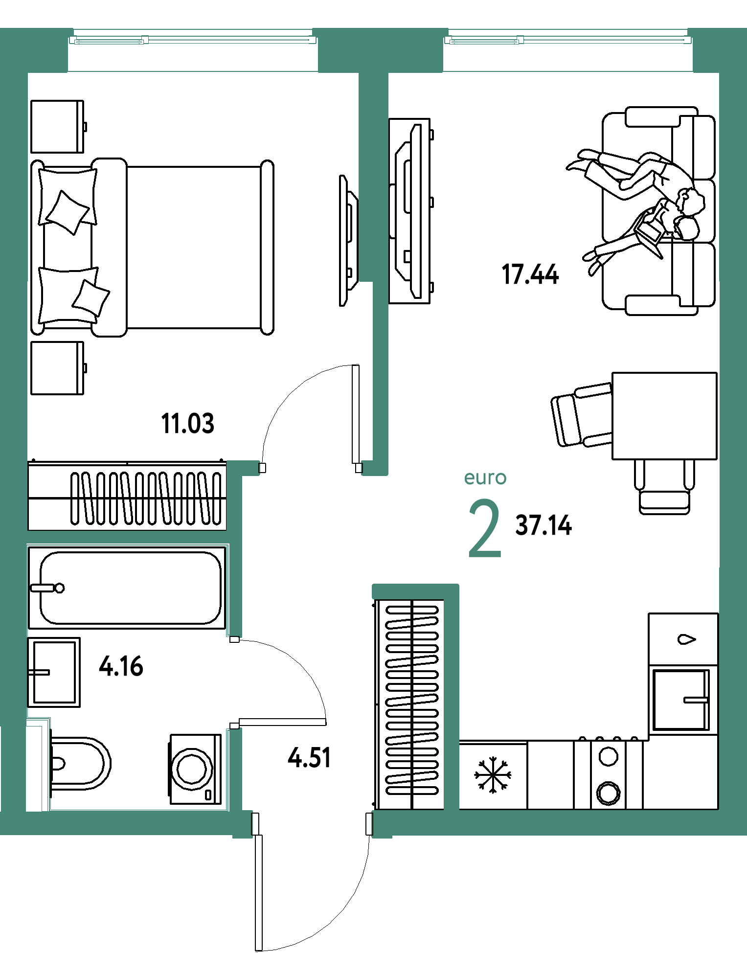 Планировка: Евродвушка 37.1 м² в ЖК Остров-сад, ДОК