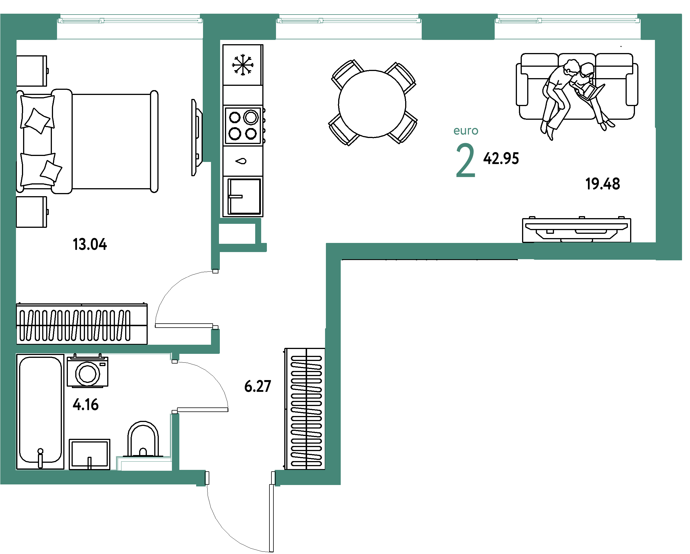 ЖК "Остров-сад"-2-комнатная 42.95 м²