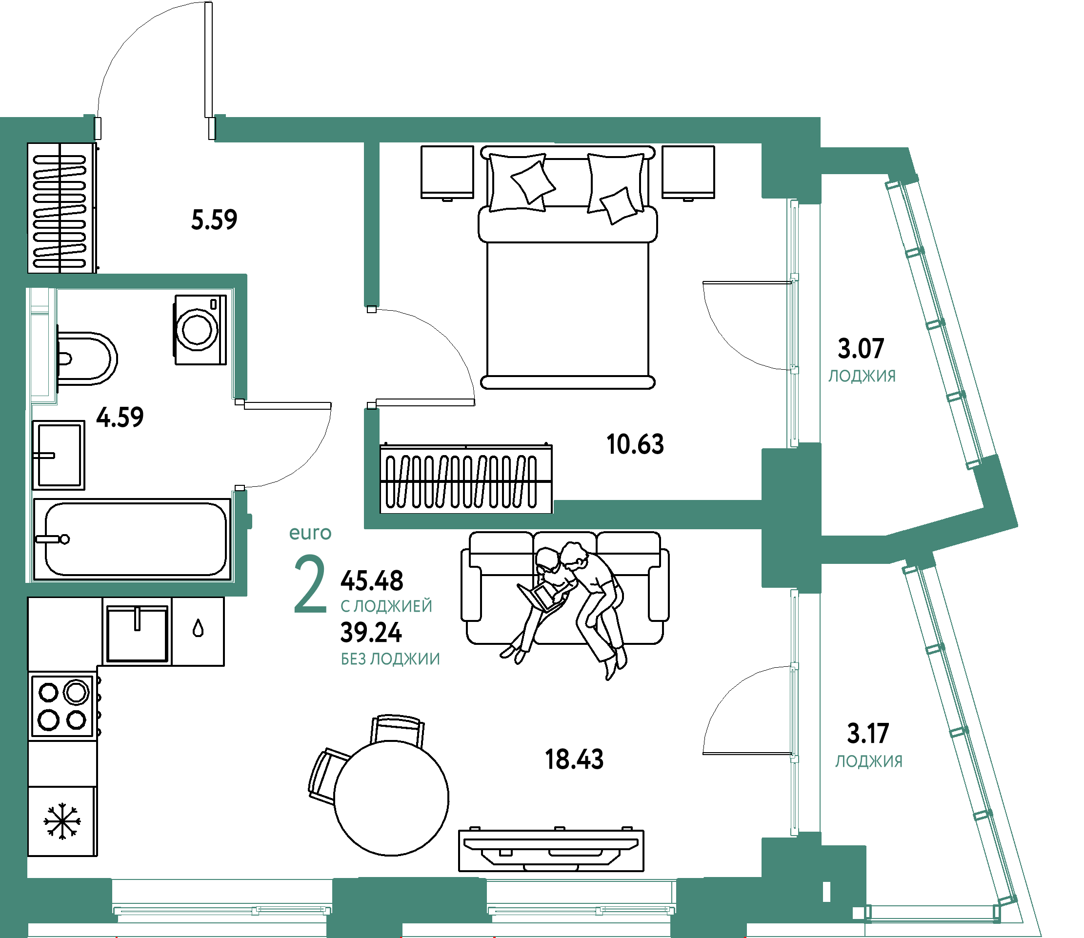 Планировка: 2-комнатная 45.5 м² в ЖК Остров-сад, ДОК
