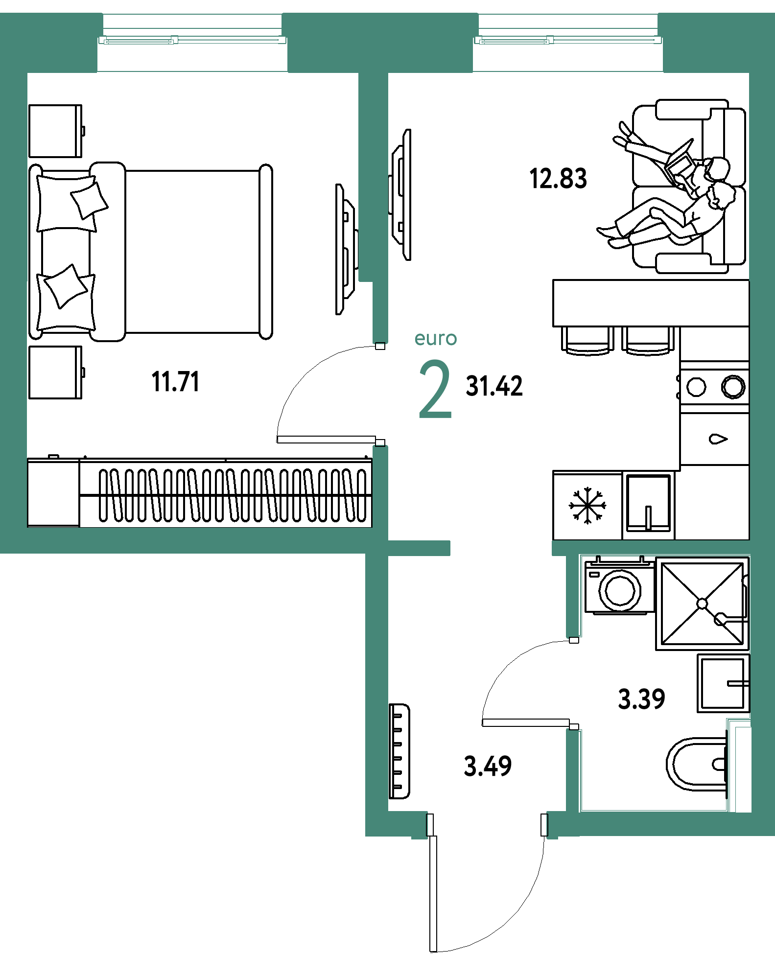 Планировка: 1-комнатная 31.4 м² в ЖК Остров-сад, ДОК