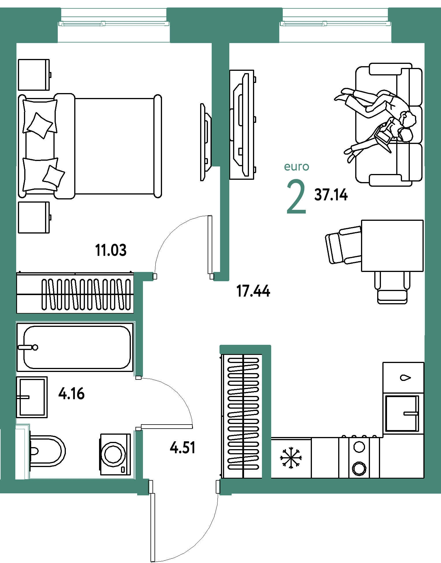 Планировка: Евродвушка 37.1 м² в ЖК Остров-сад, ДОК