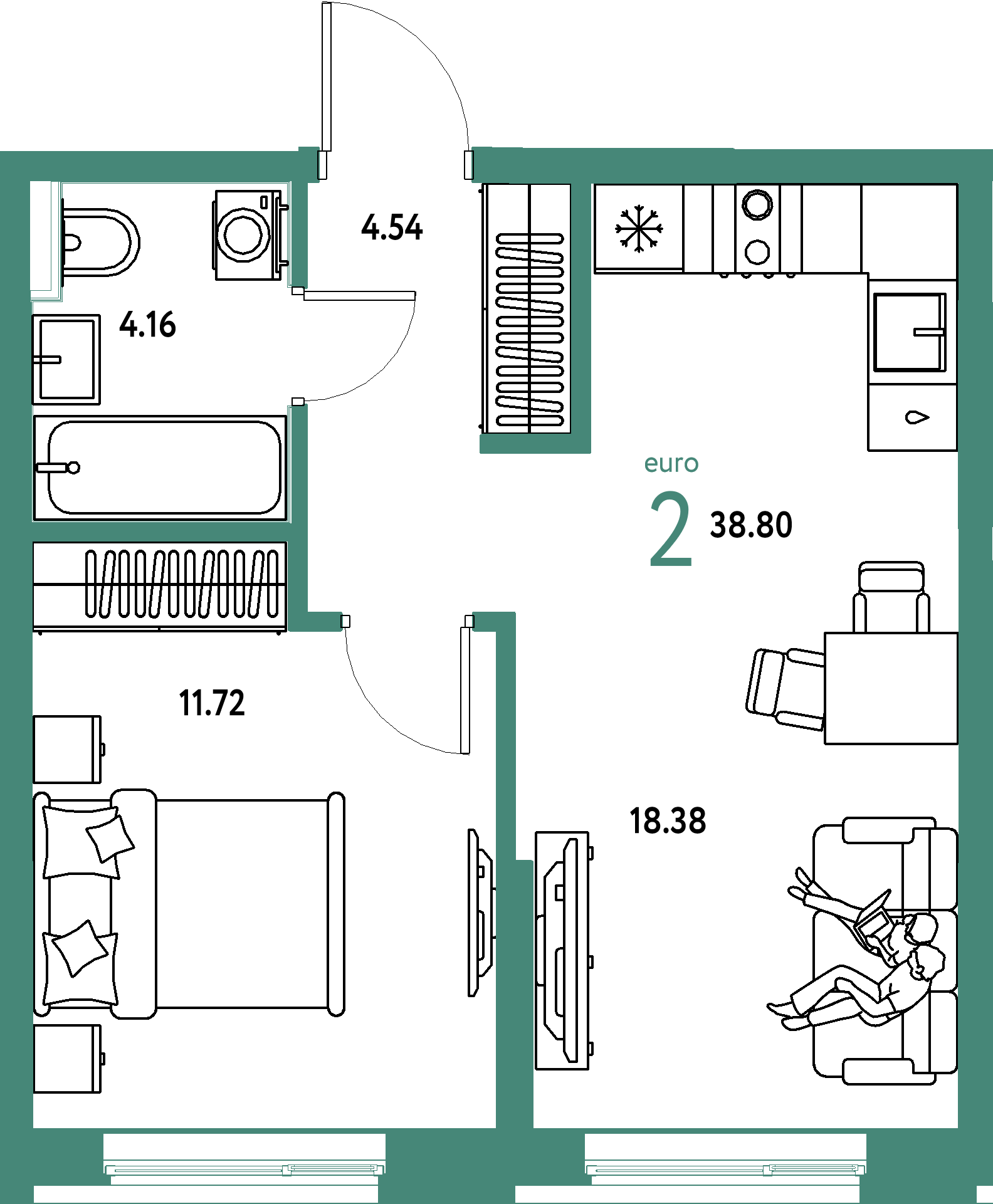 Планировка: Евродвушка 38.8 м² в ЖК Остров-сад, ДОК